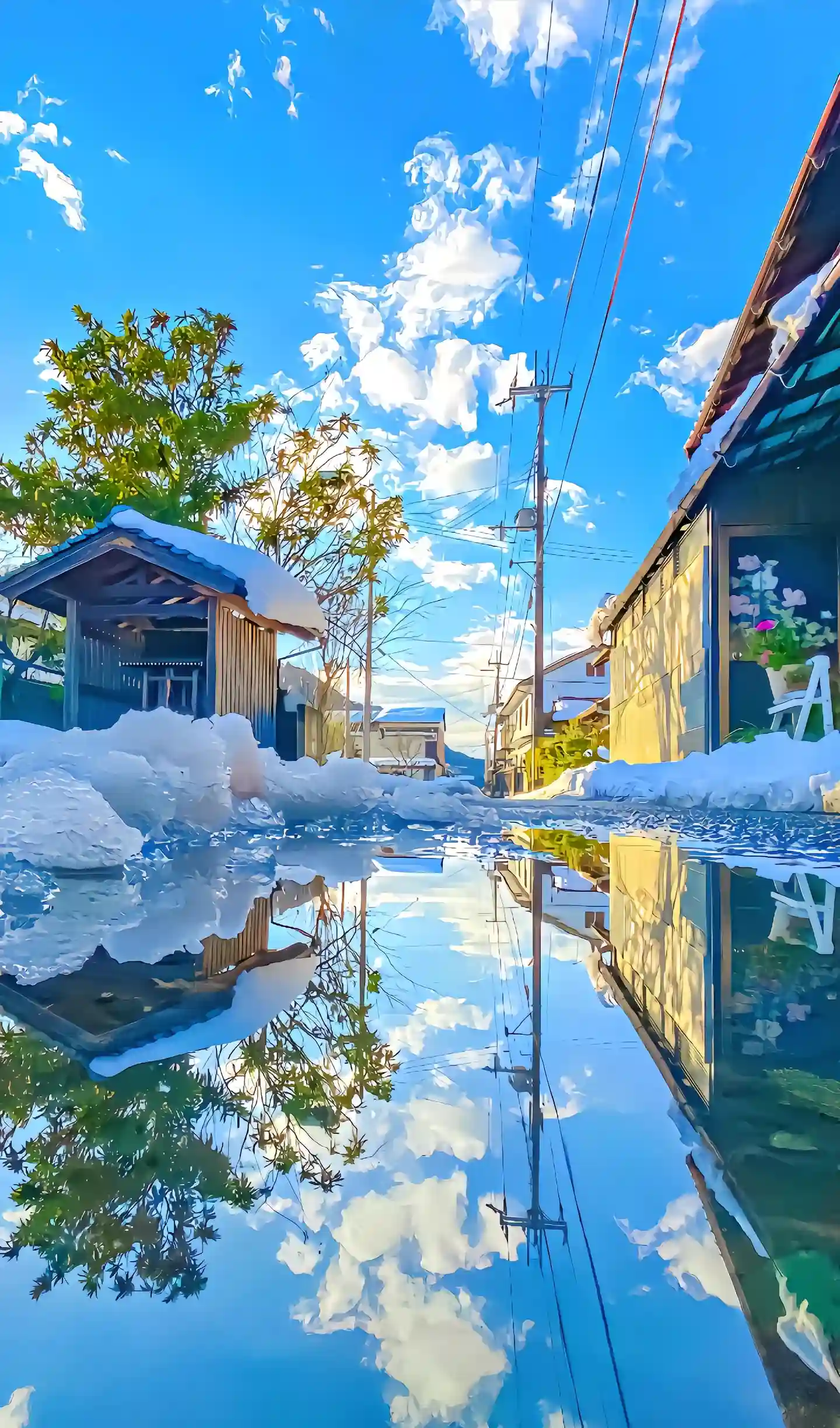 清新小镇，小屋，路面上融化的冰水，倒影，AI风景手机壁纸图片