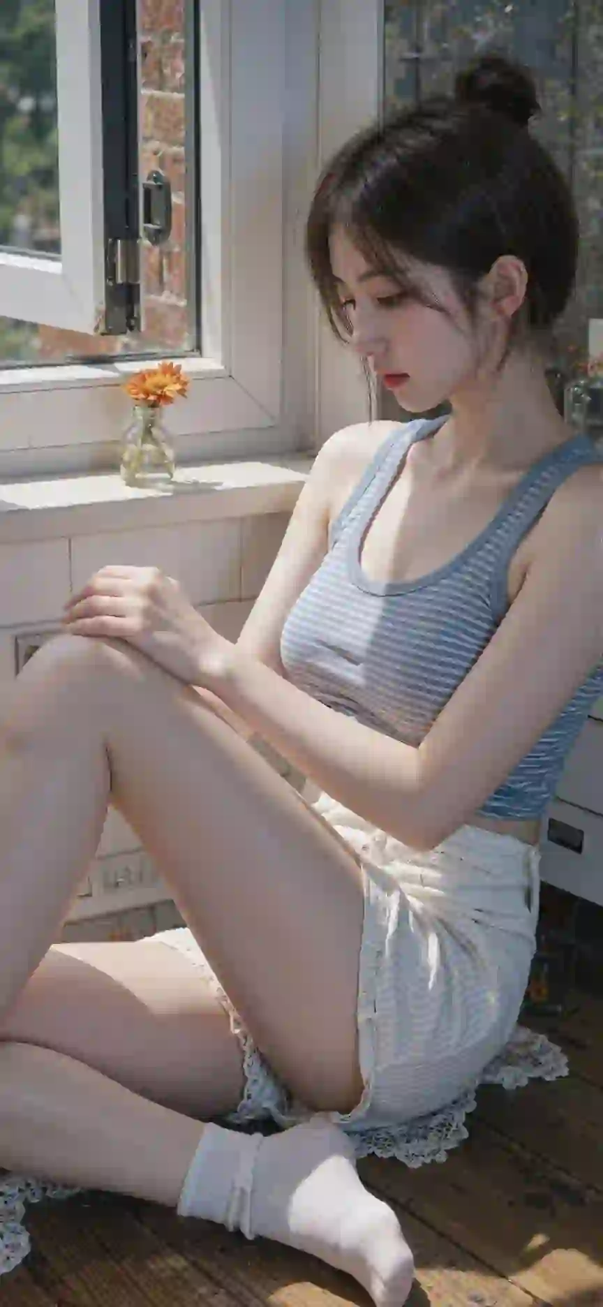 长发美女 长腿女孩 牛仔短裤