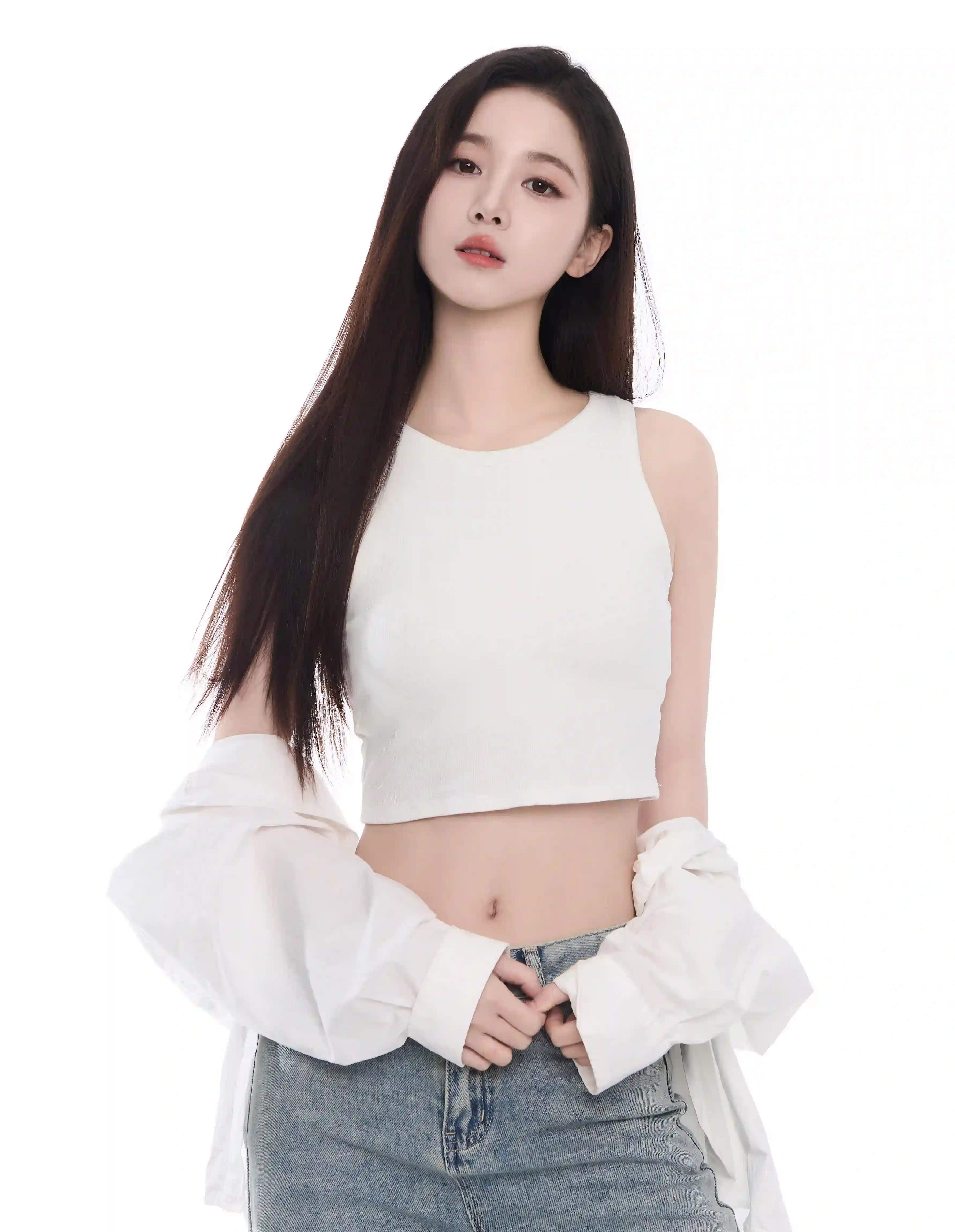 长发美女 白衣牛仔裤女孩 可爱 美女