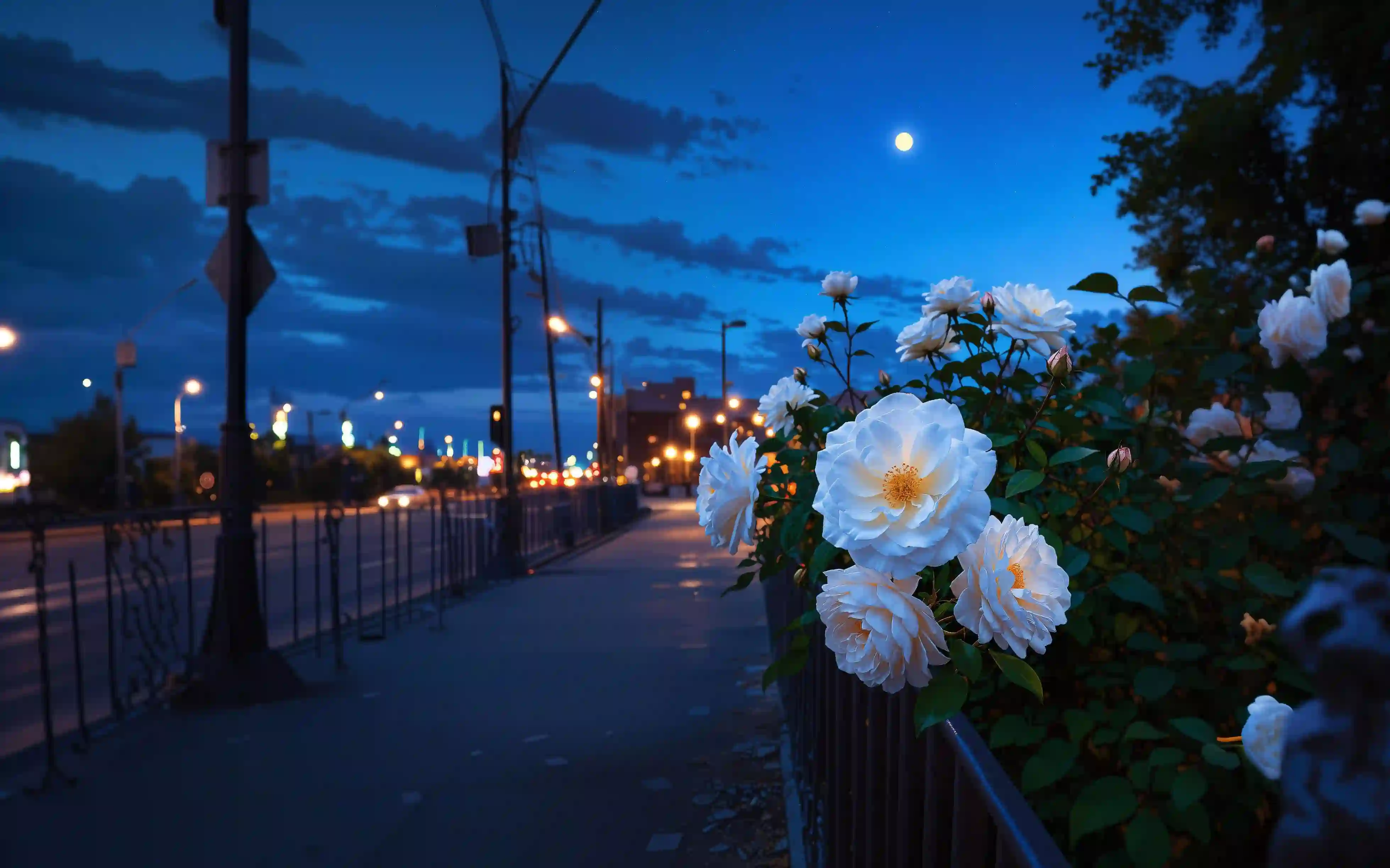 城市夜景 白色月季花 明月 路灯 蓝色天空 唯美风景