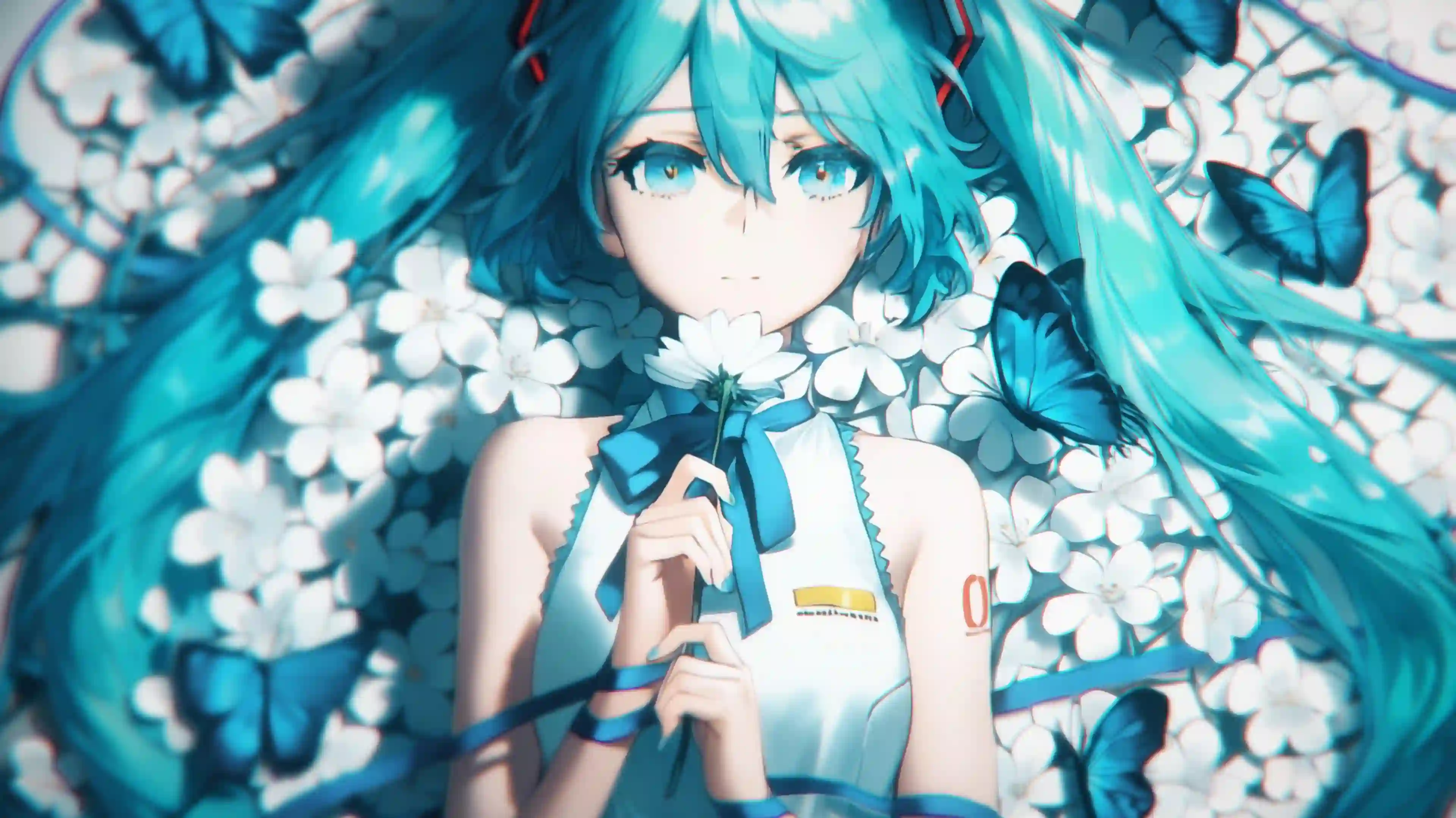 动漫女孩 二次元 双马尾女孩 初音未来 蓝色头发 被鲜花包围 