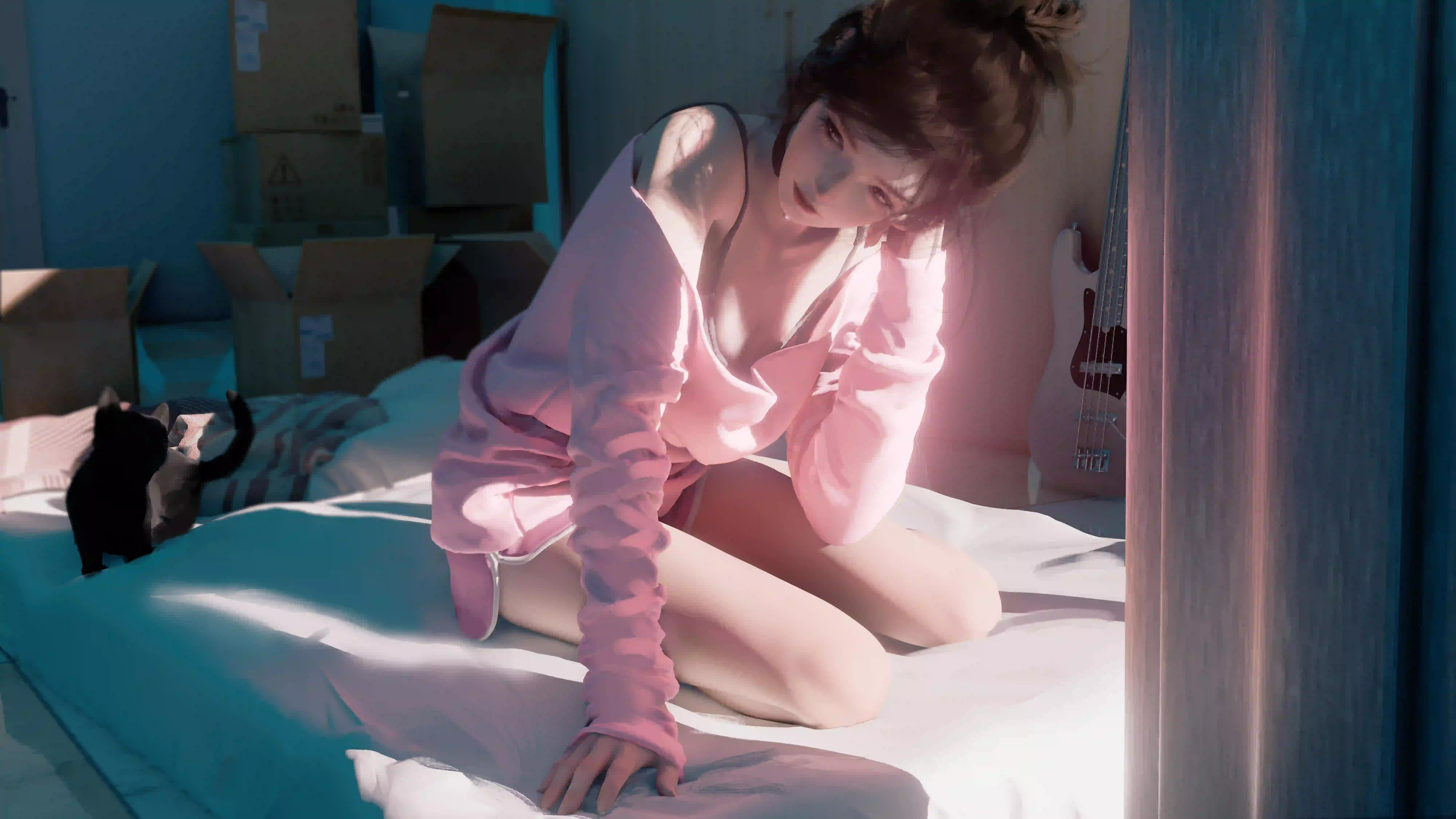 wlop 粉红色睡衣女孩 8k 思考