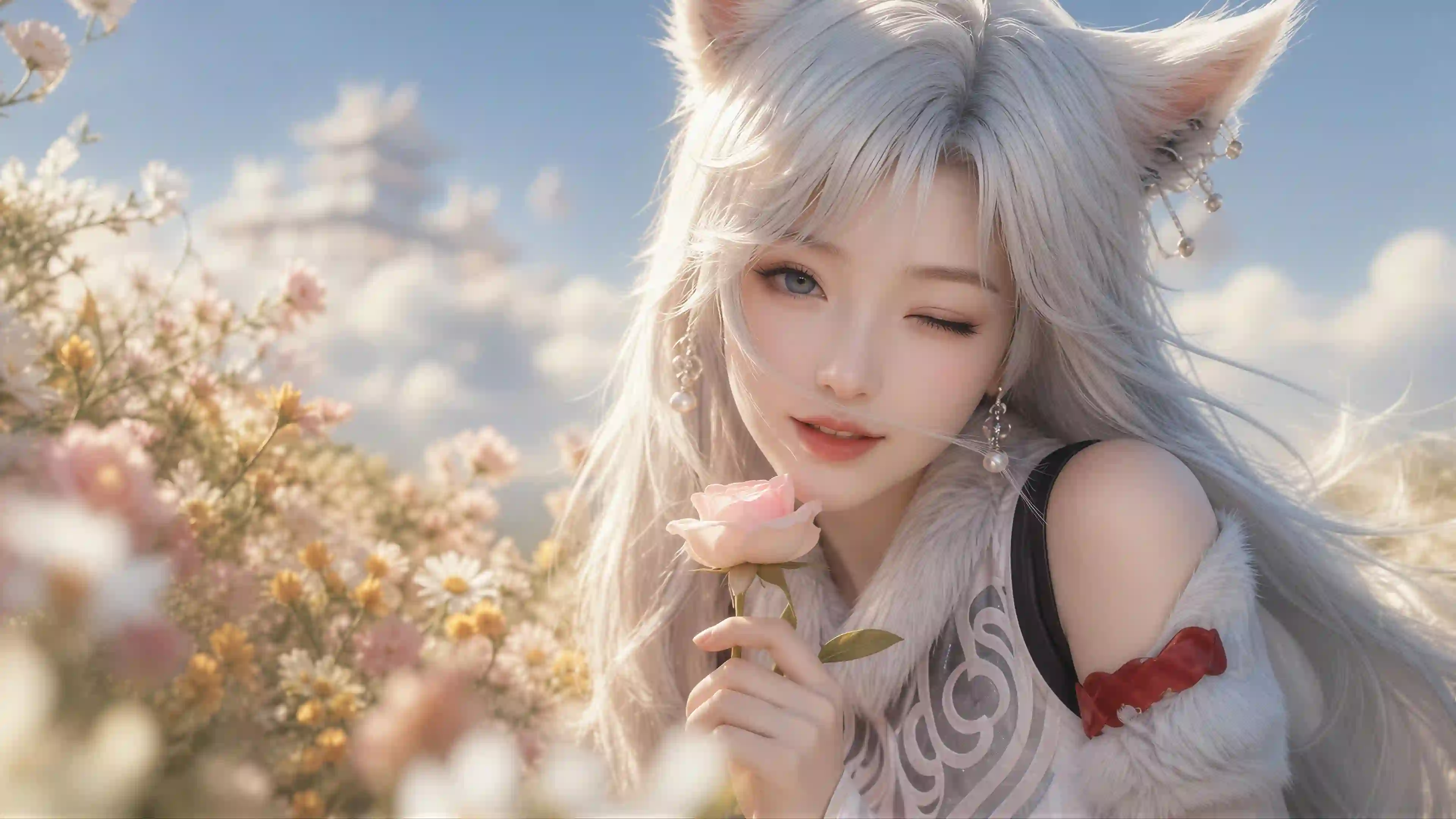 白发 狐耳 少女 花海 玫瑰 唯美 AI壁纸 凡人修仙传 银月