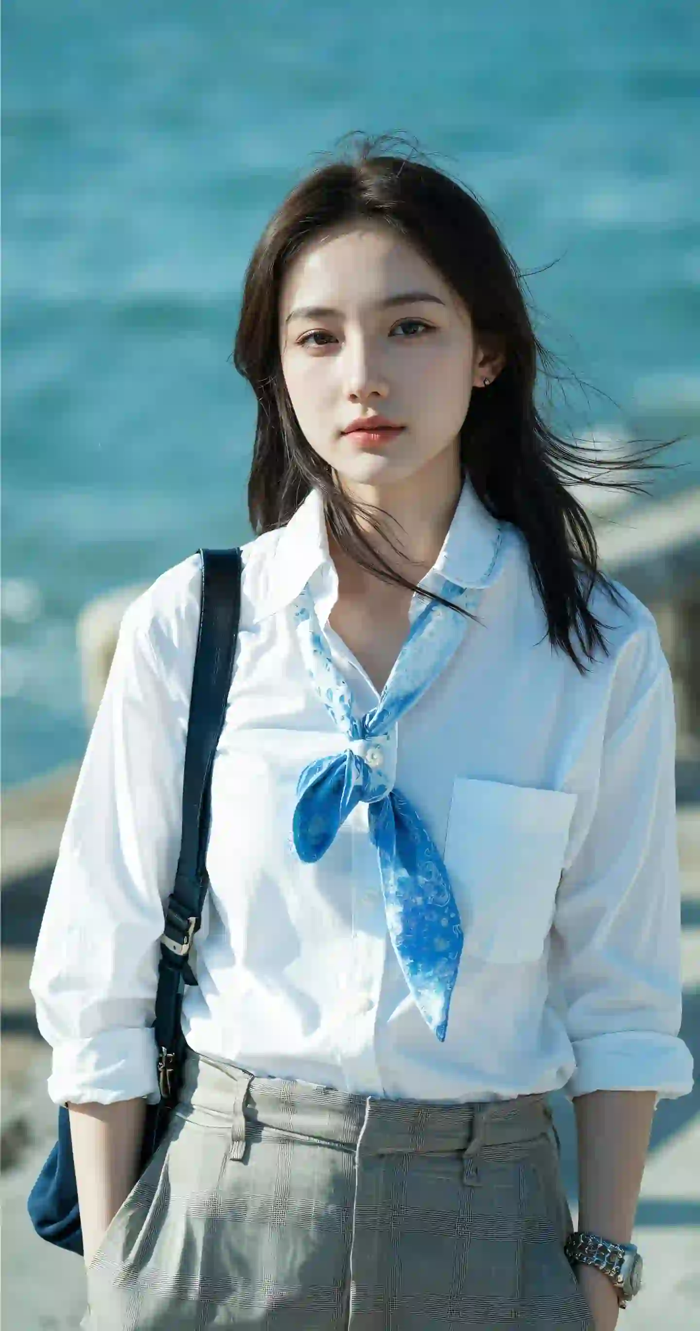 单肩包 长发jk美女 白色衬衫 户外