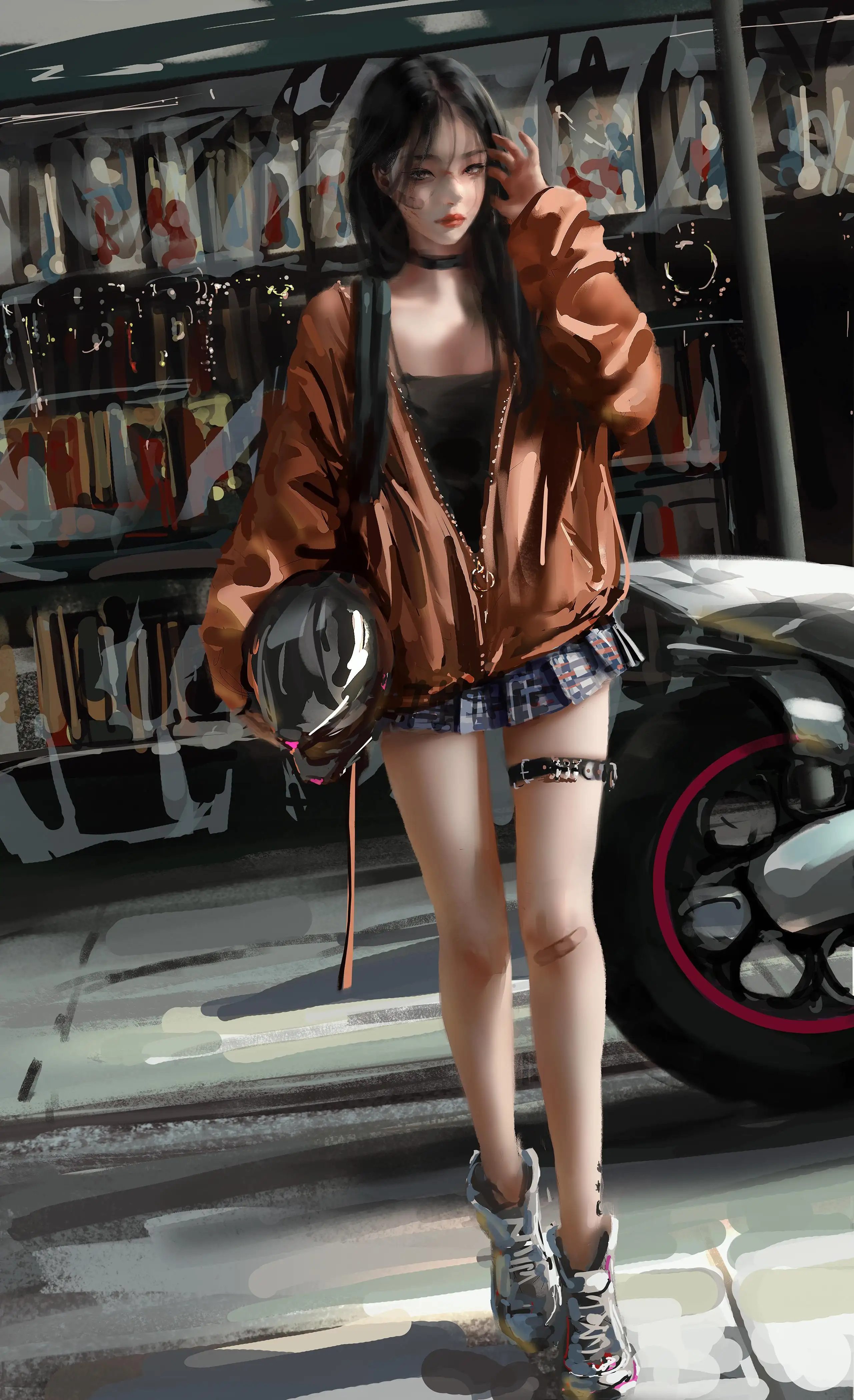 机车女孩 长腿美女  手拿头盔的长发美女 wlop
