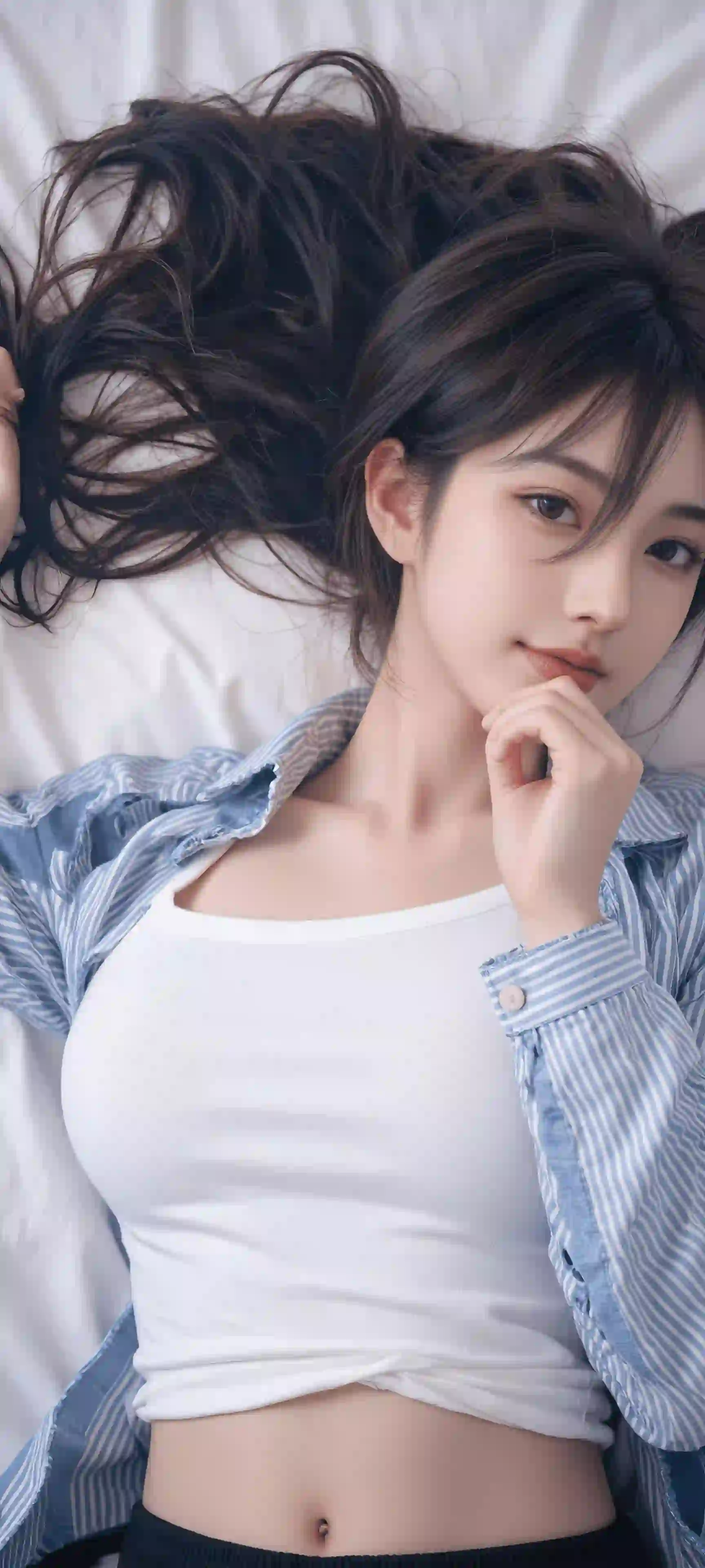 长发性感美女 居家写真 蓝色条纹美女 
