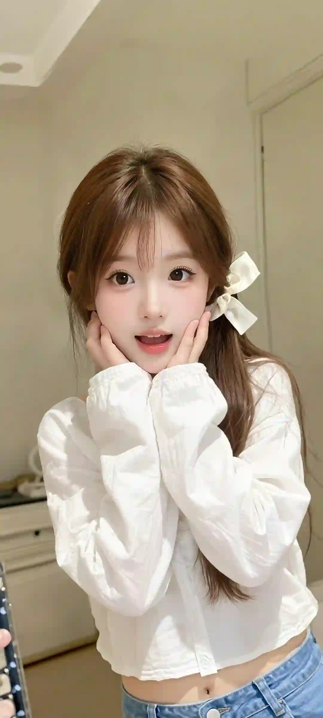 白色蝴蝶结 清纯少女 甜美可爱 室内自拍 牛仔裤 温柔光影