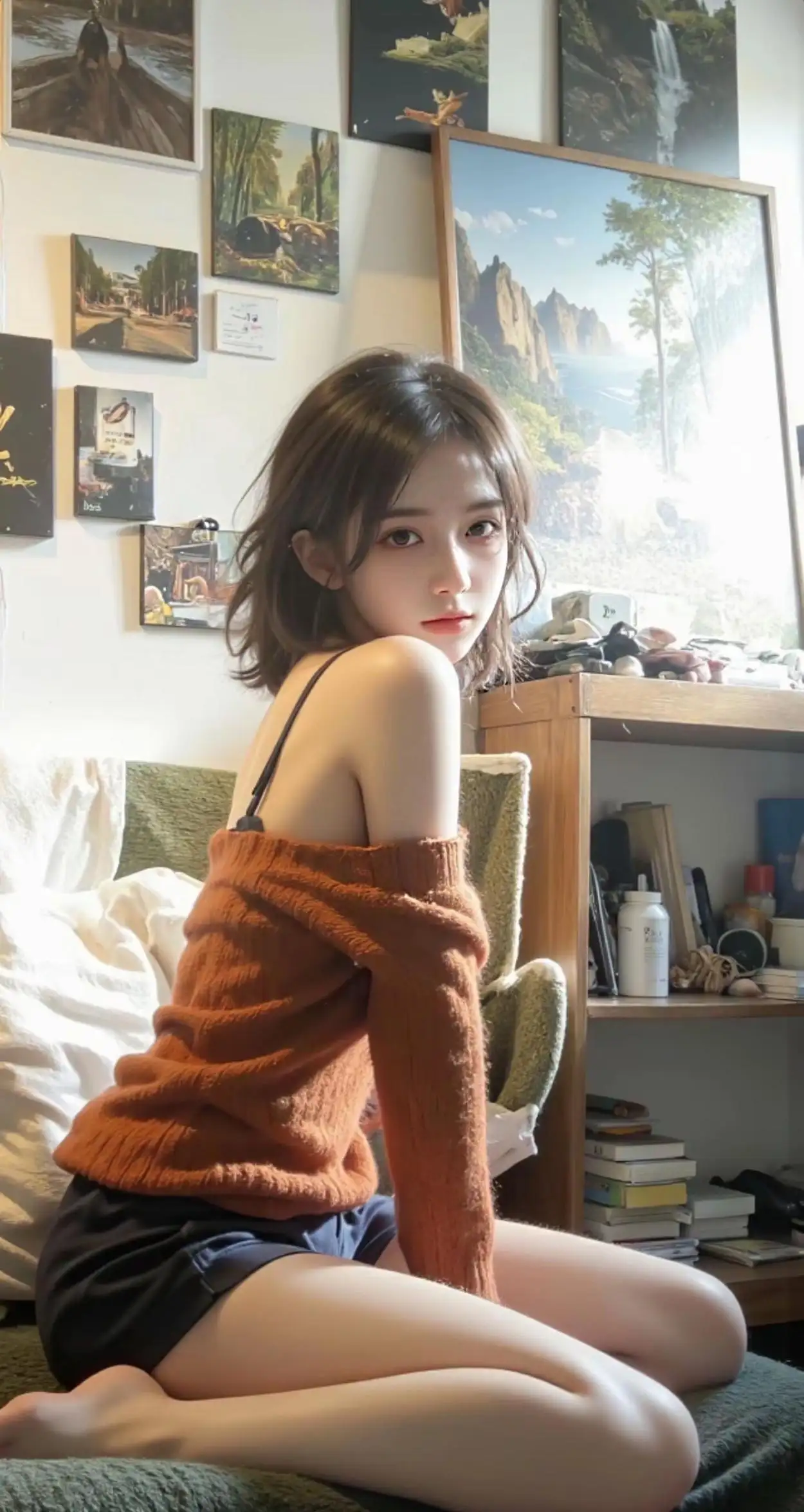 满是挂画的房间，美丽的毛衣短裤清纯美女沙发写真侧颜手机壁纸图片