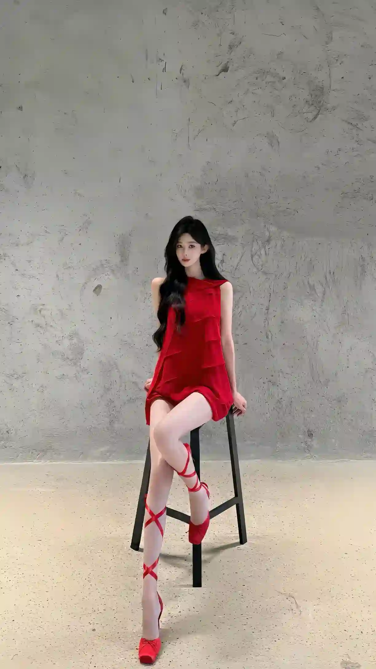 红色连衣裙 黑发美女 坐姿 时尚写真 白丝长袜 AI绘画