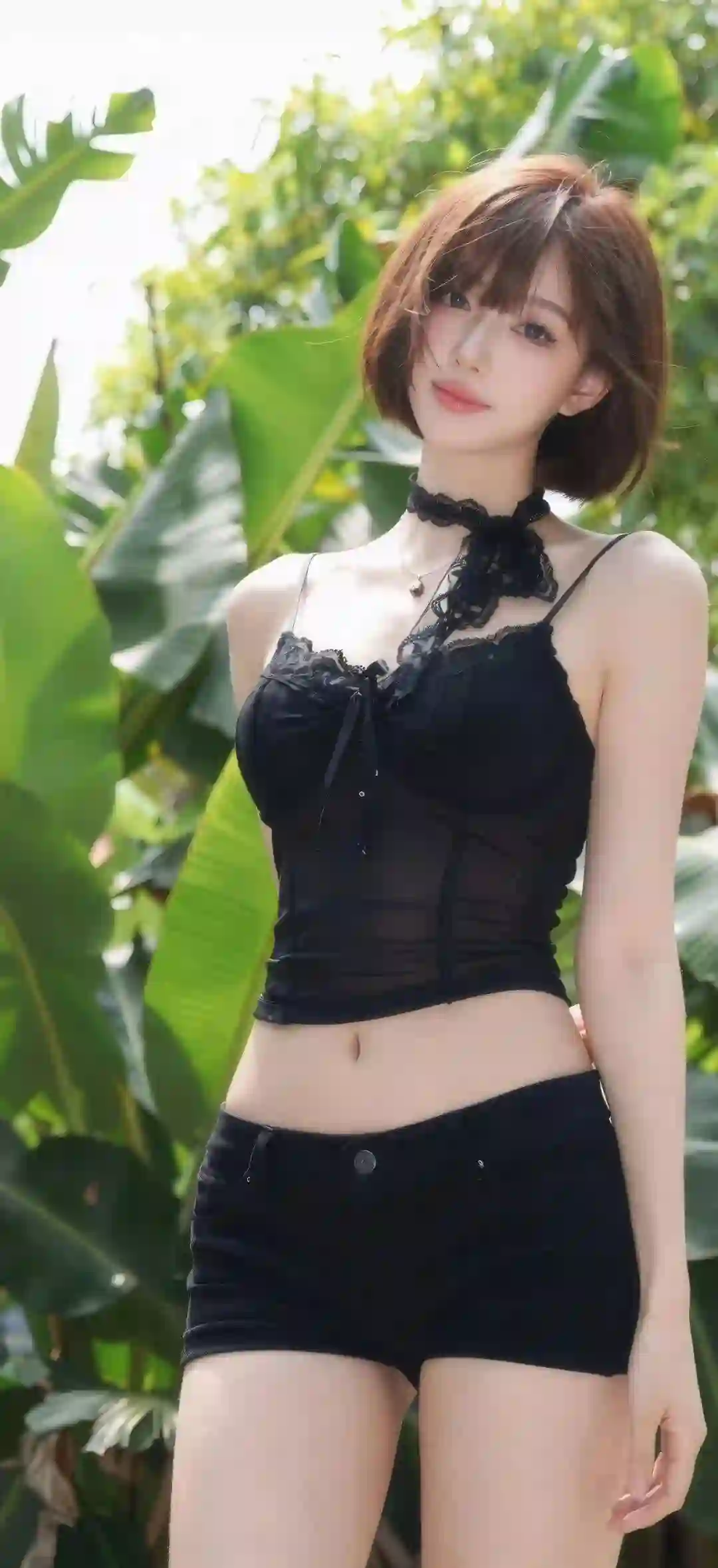 绿叶美女 黑色蕾丝吊带 短发少女 户外写真 清新性感