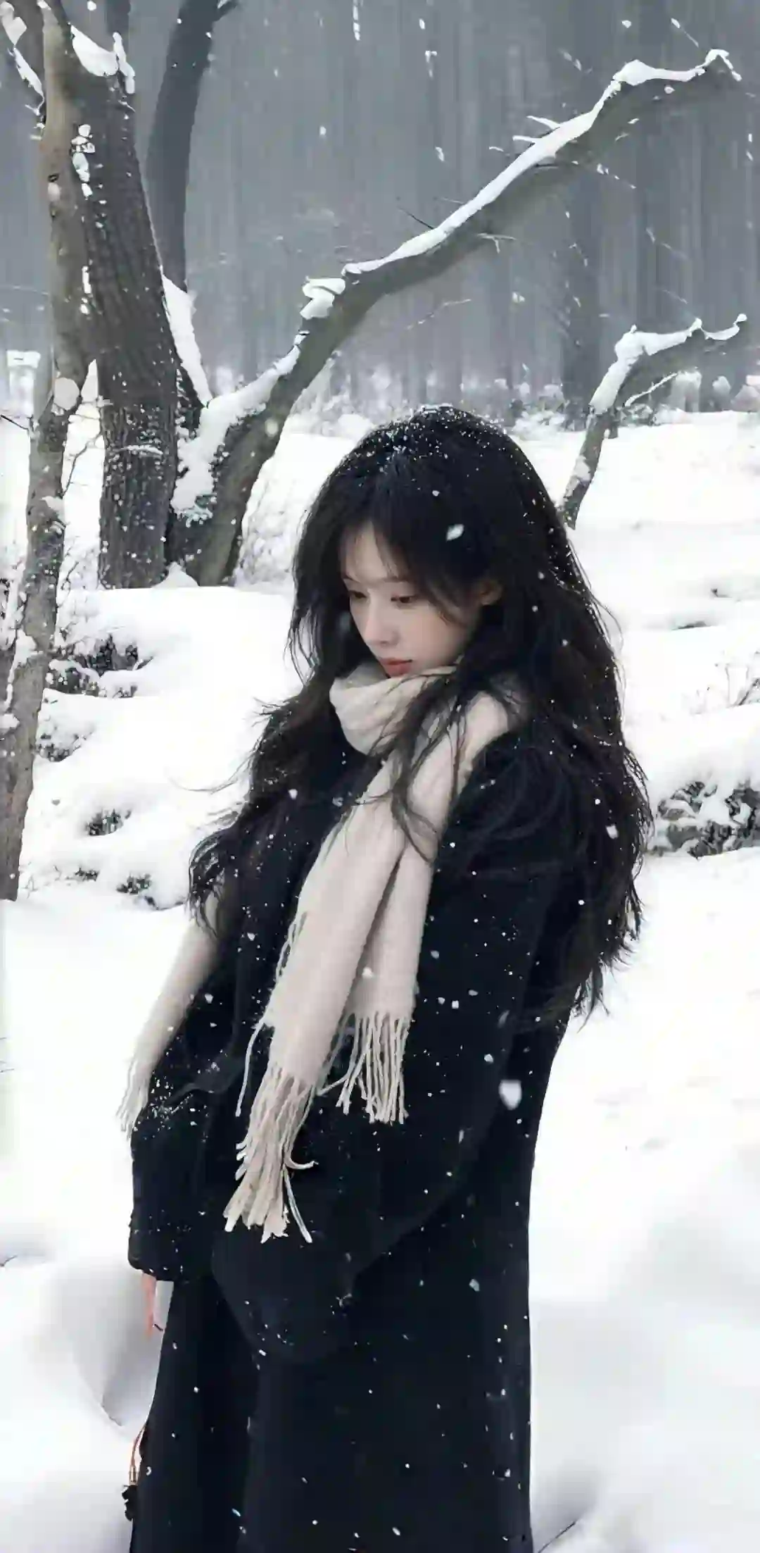 一个长发女孩站在雪地中 穿着黑色外套和浅色围巾 周围是白雪覆盖的树木 雪花飘落 氛围宁静唯美