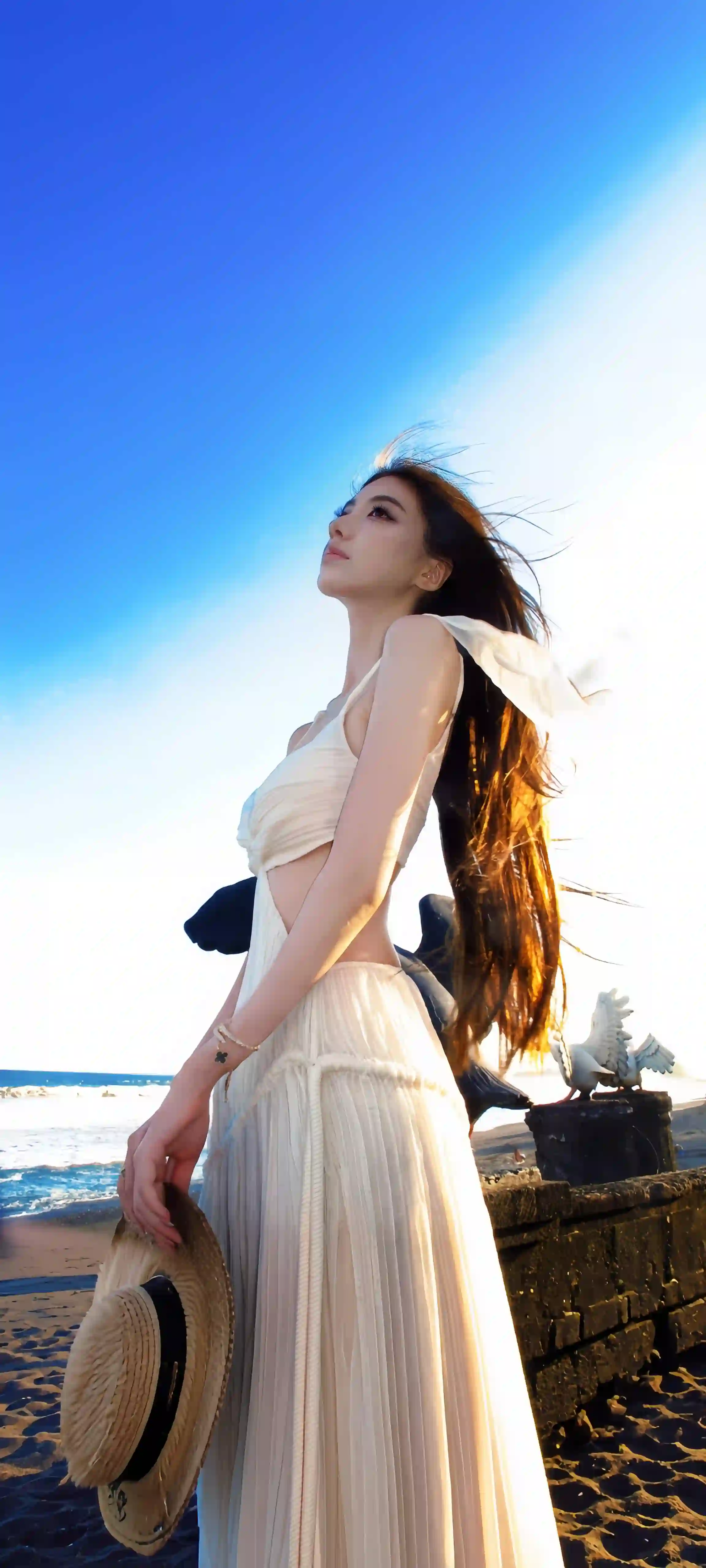 海边 白裙 长发 女神 阳光 逆光 草帽 唯美