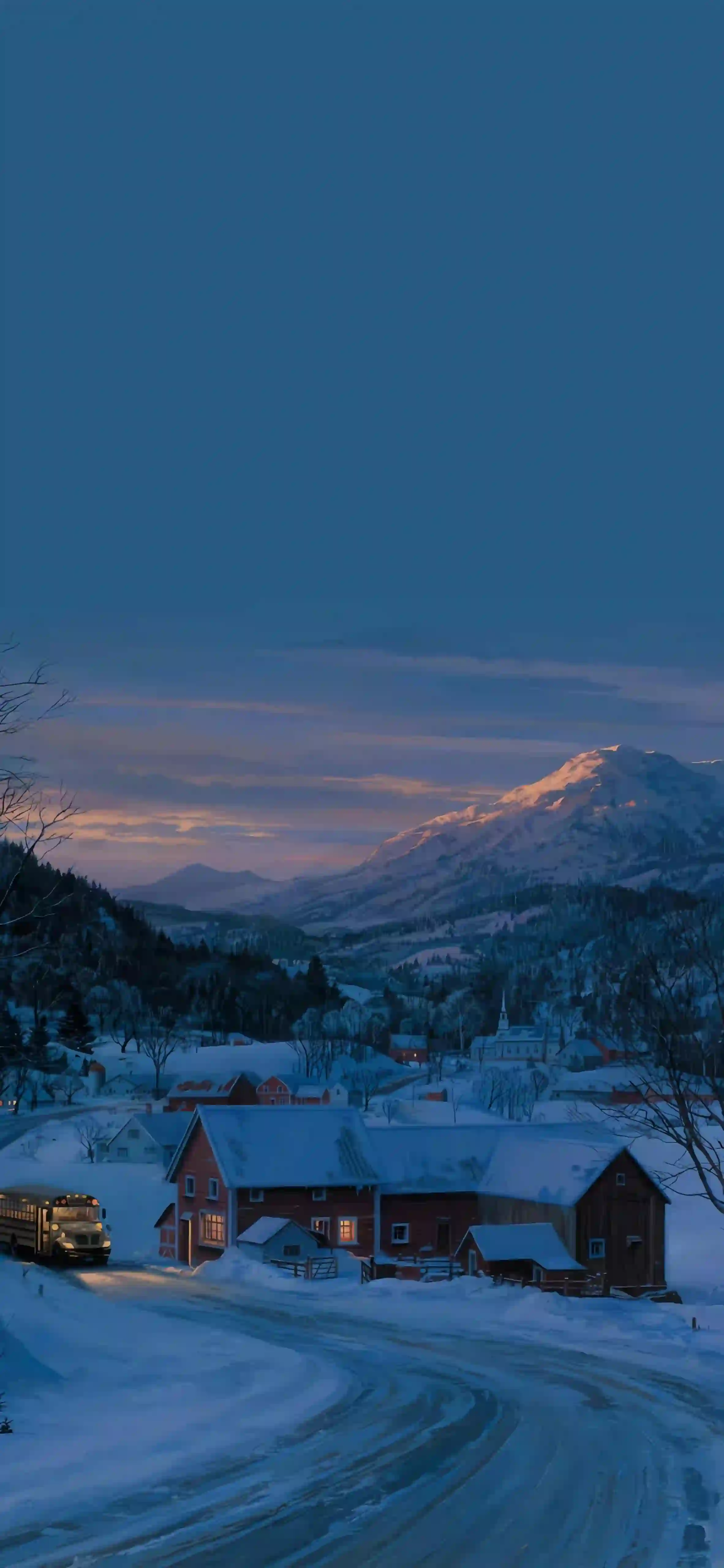 冬季 雪村 雪山 暮色 数字艺术 治愈风景