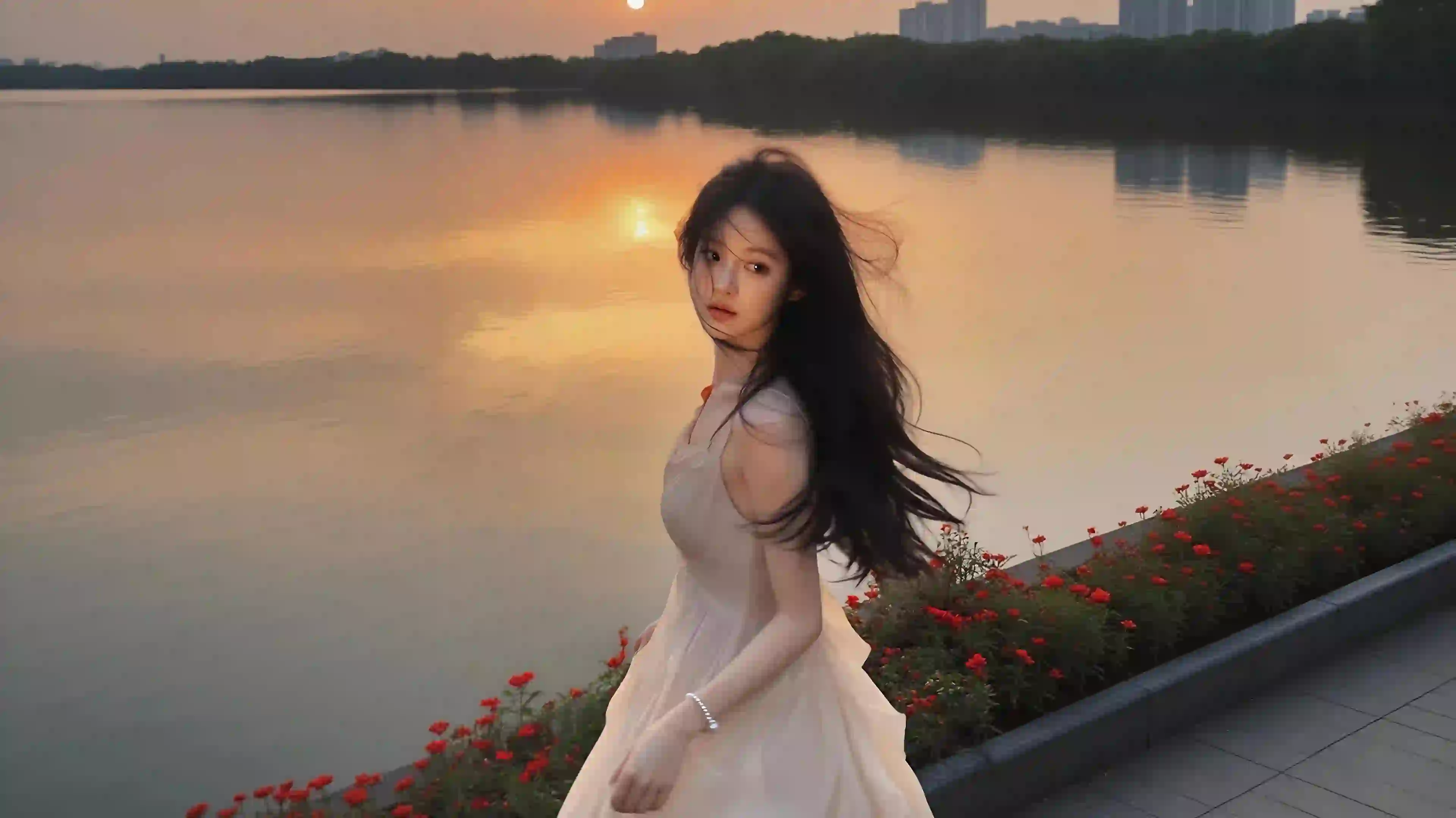 美女回眸 城市湖水倒影 户外 夕阳