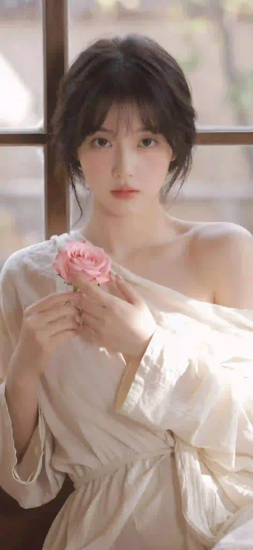 清纯美女 漏肩穿搭 居家写真 粉红色玫瑰花