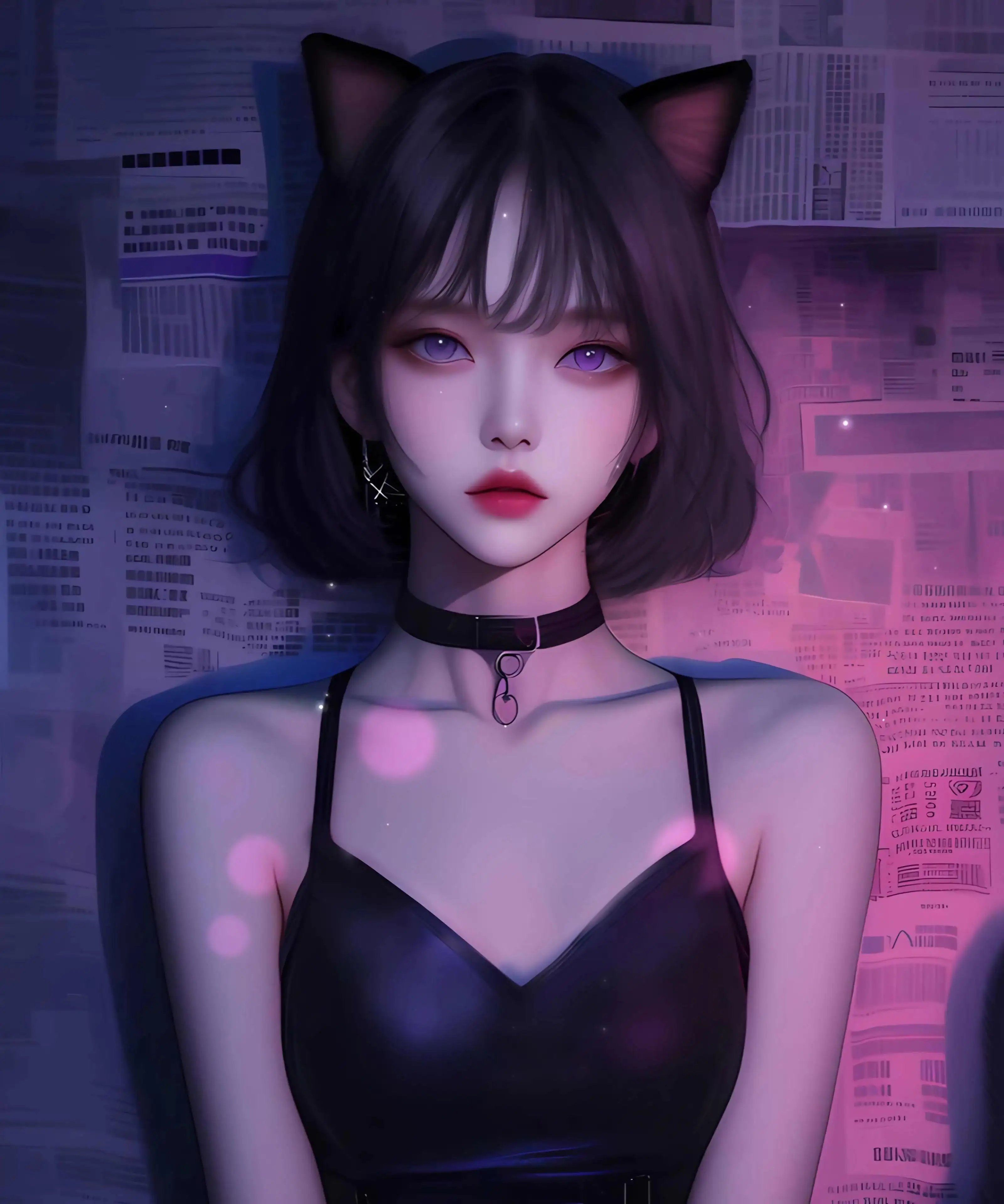 报纸墙 兽耳 猫耳动漫美女 短发 宽屏4K