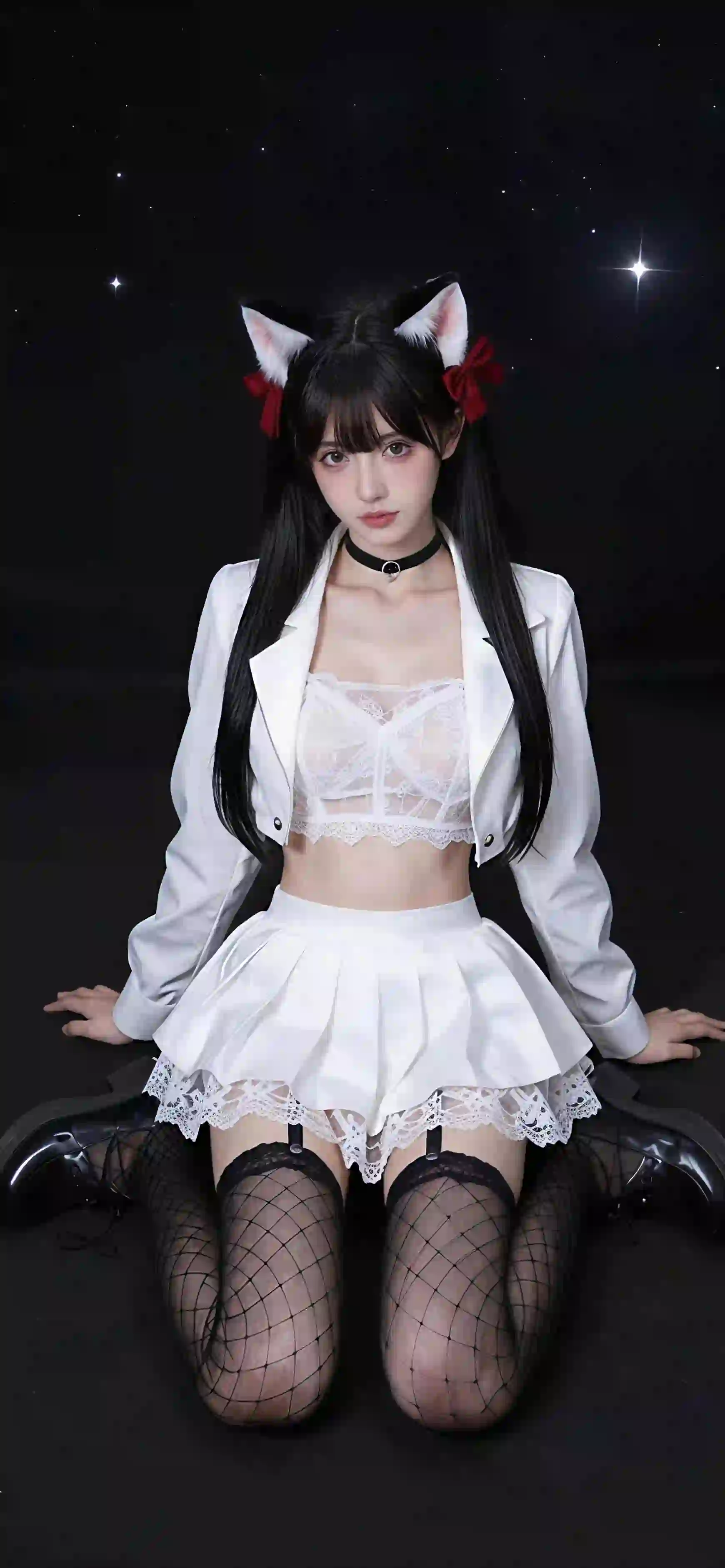 猫耳 可爱 长发美女 双马尾女孩 黑丝美腿 渔网袜 白色短裙