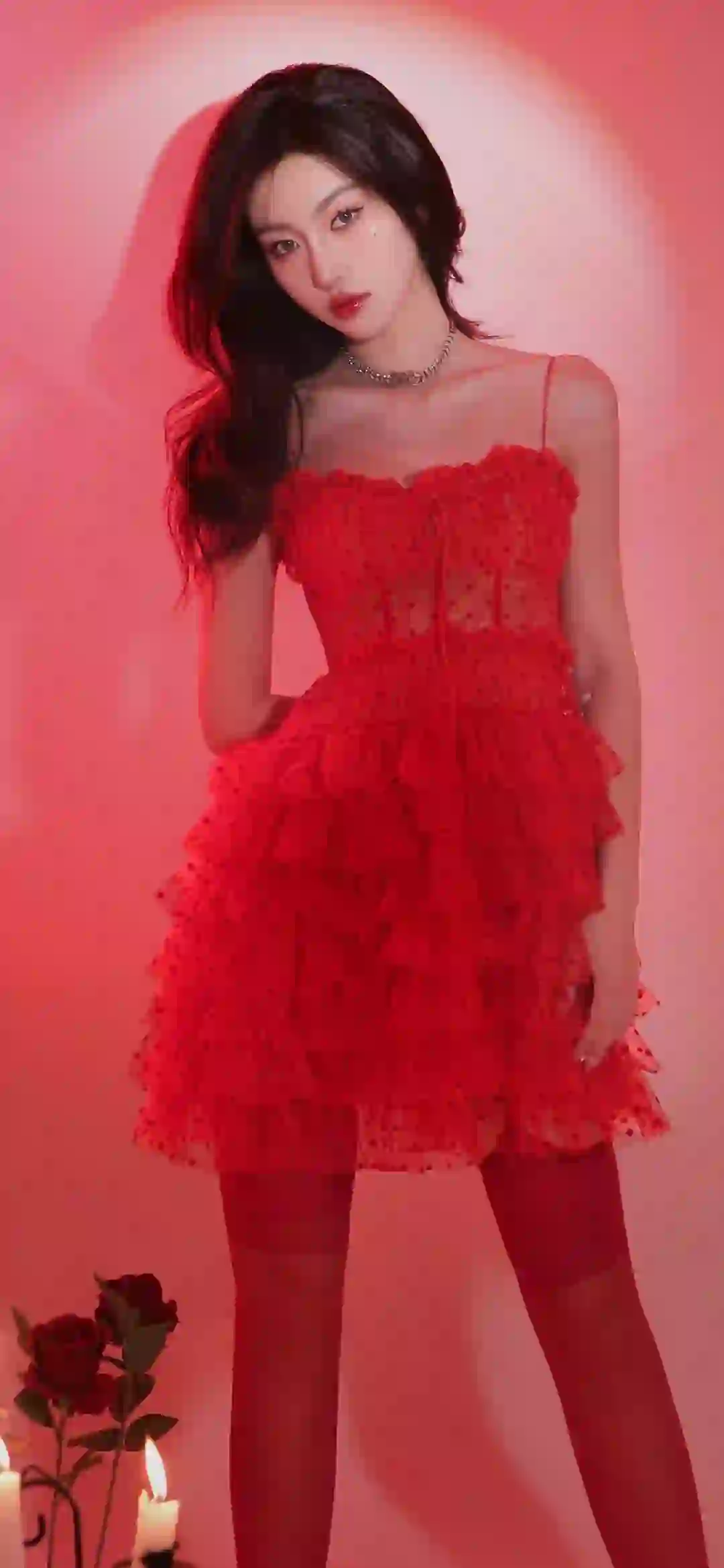 美女 长发美女 红色吊带裙子 丝袜 丝袜美女