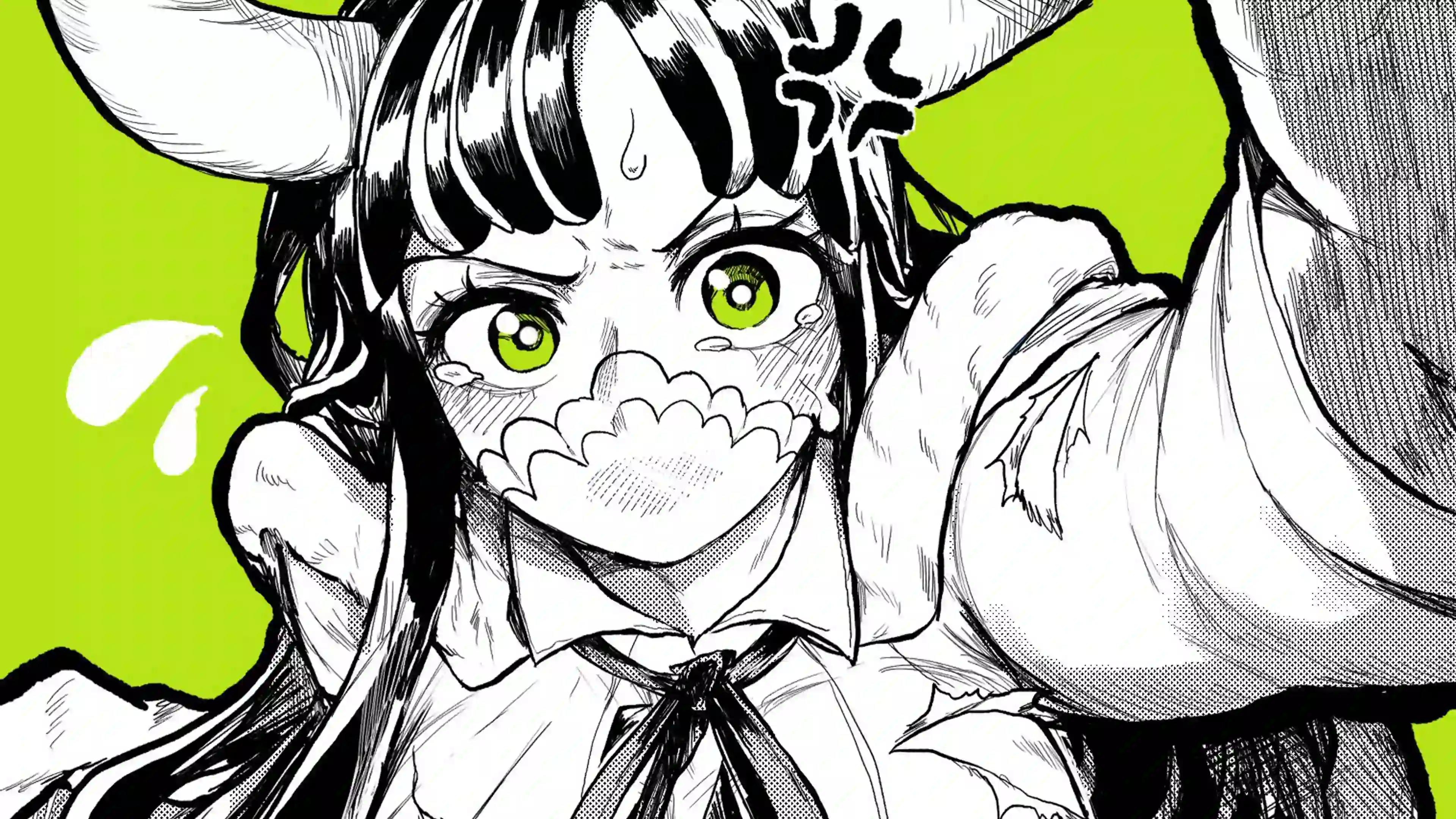 牛角绿瞳少女·傲娇神态 黑白漫画风二次元超宽屏