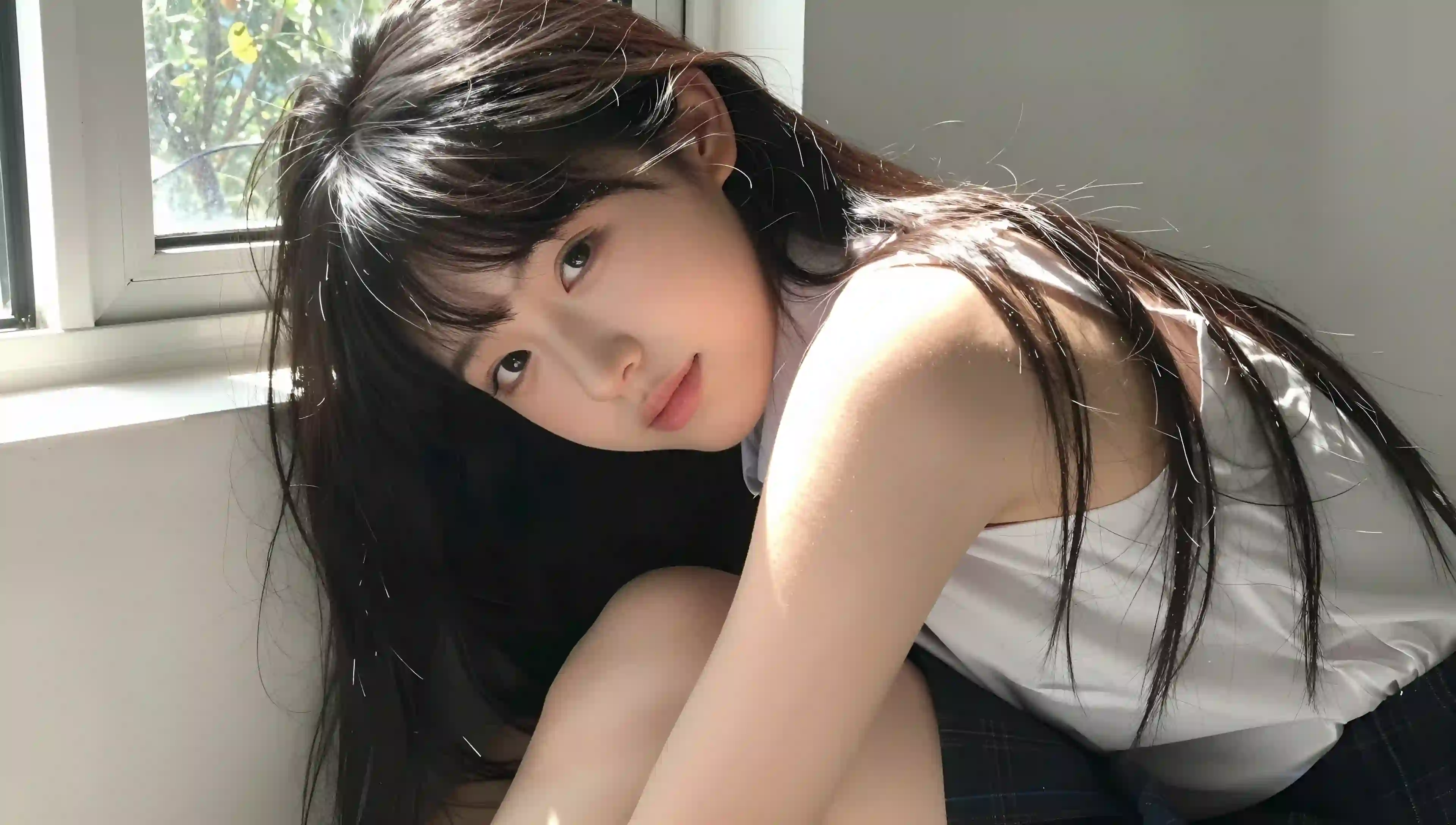 窗边阳光少女 清纯 写真 白色上衣 格子裙 自然光