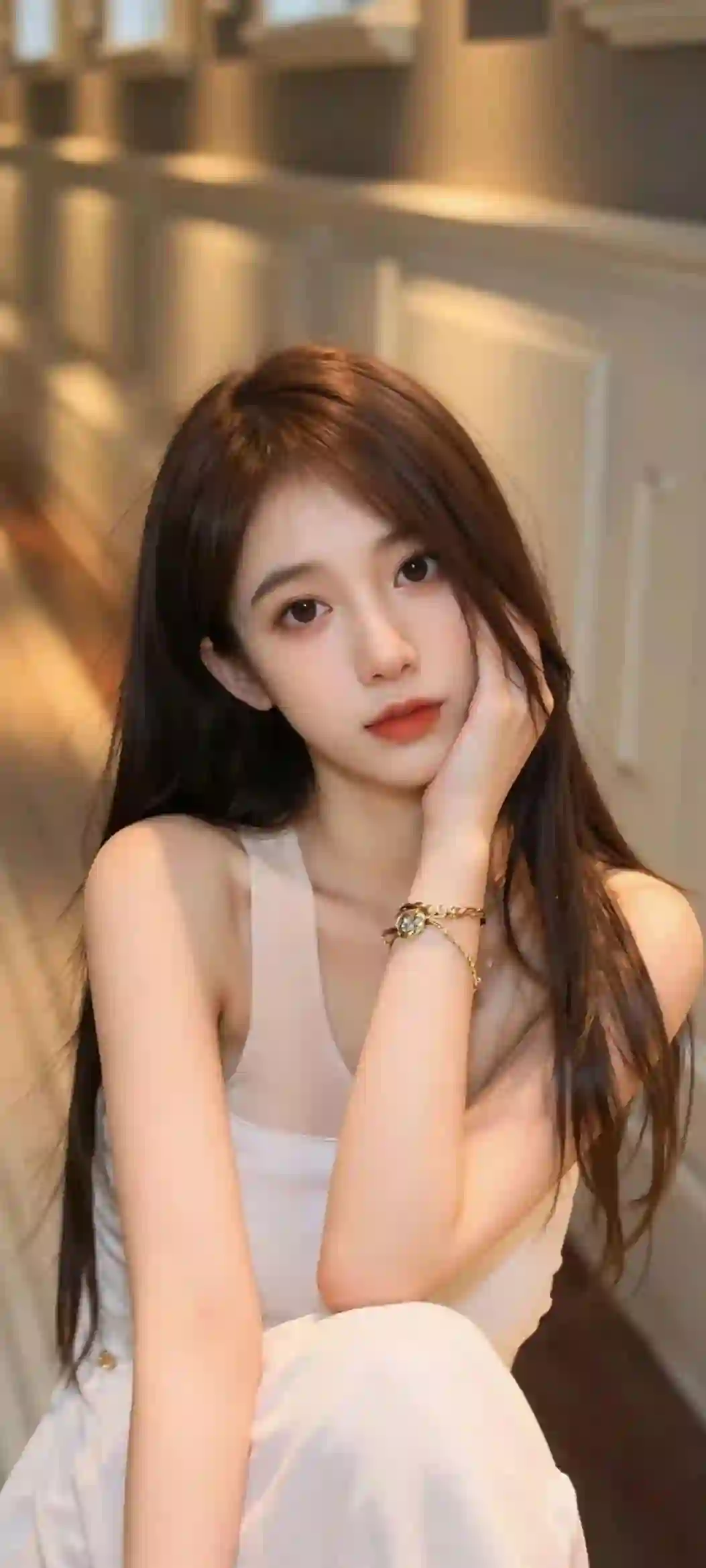 长发清纯美女 户外写真 白色长裙美女