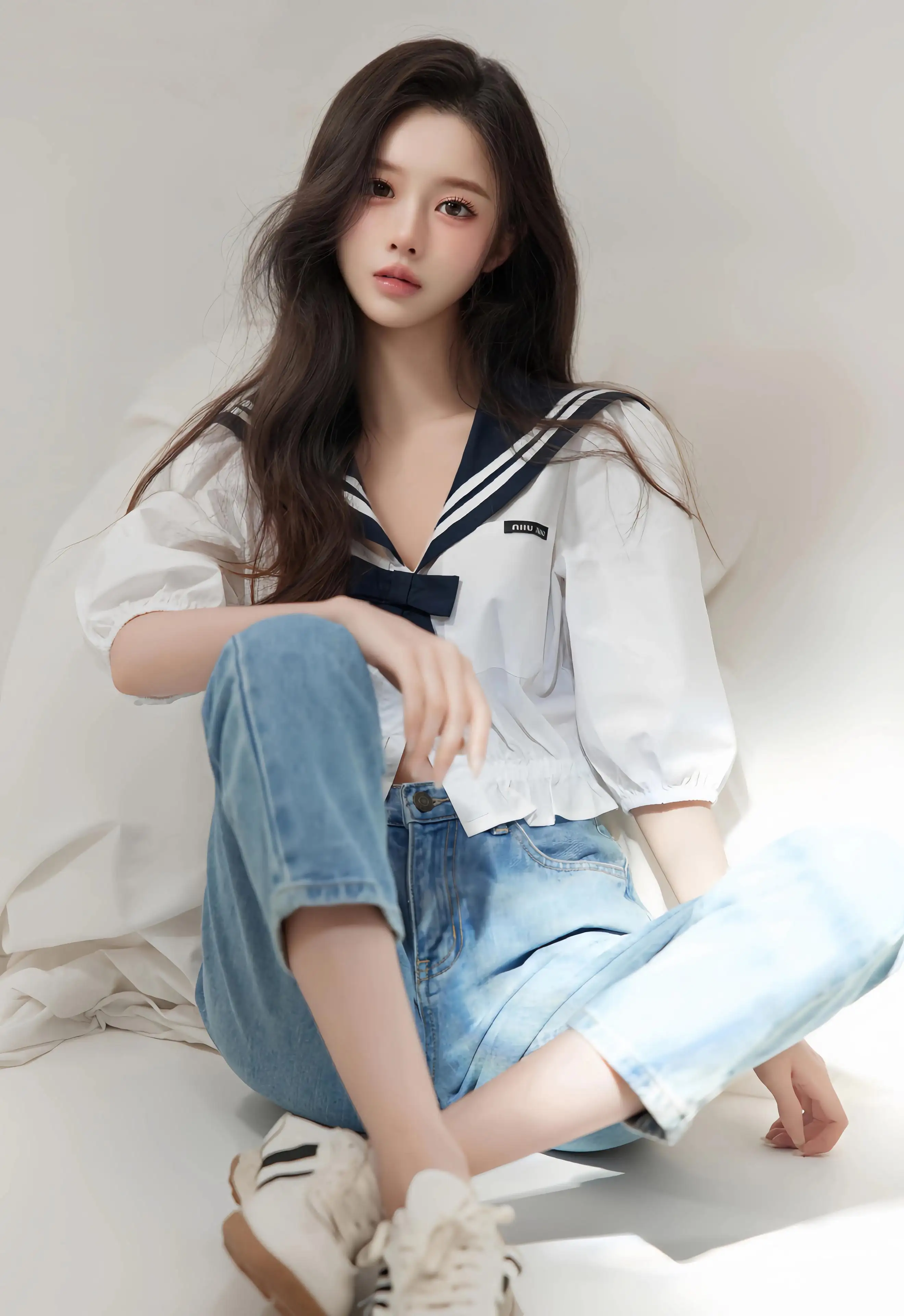 长发少女白衬衫牛仔裤4k手机壁纸