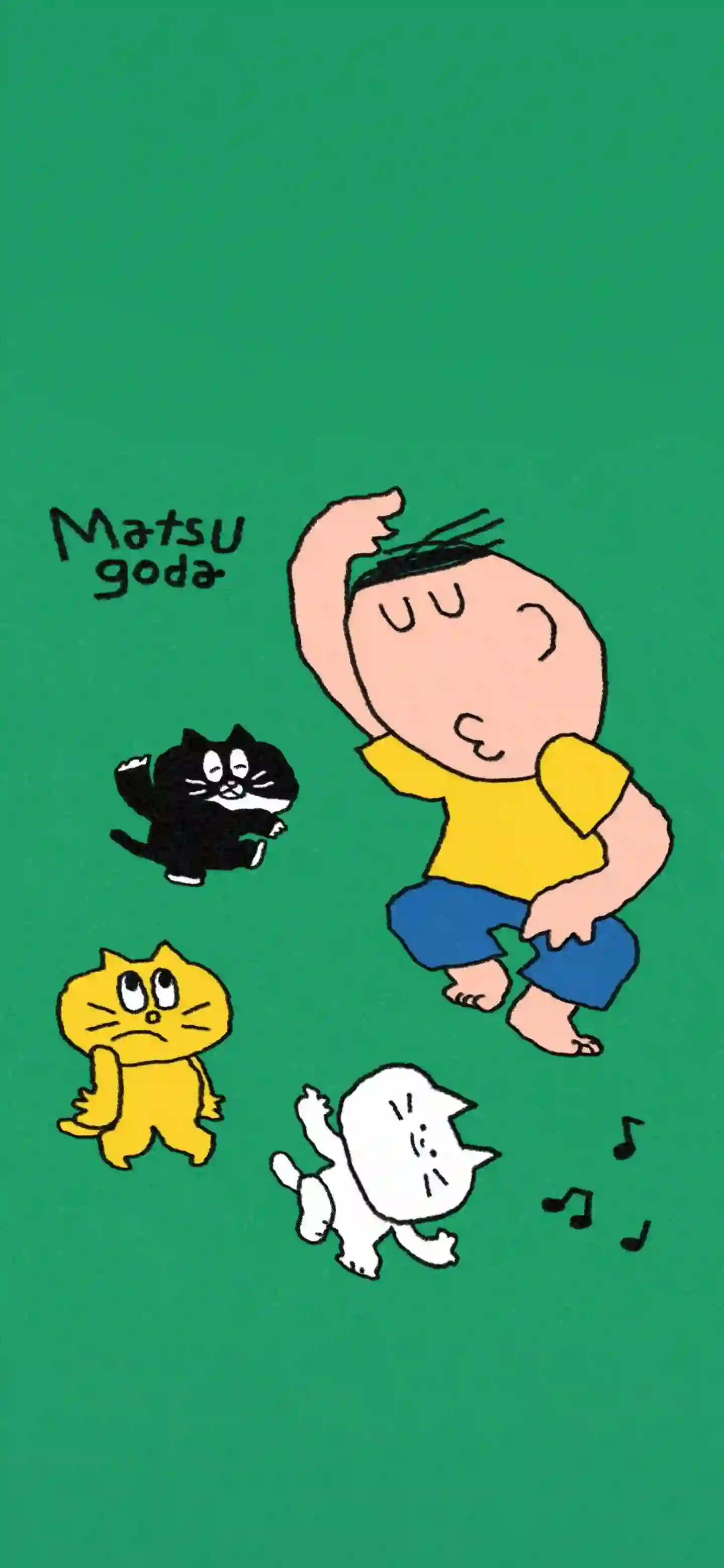 Matsugoda 插画 绿色背景 男孩 猫咪 跳舞 可爱卡通