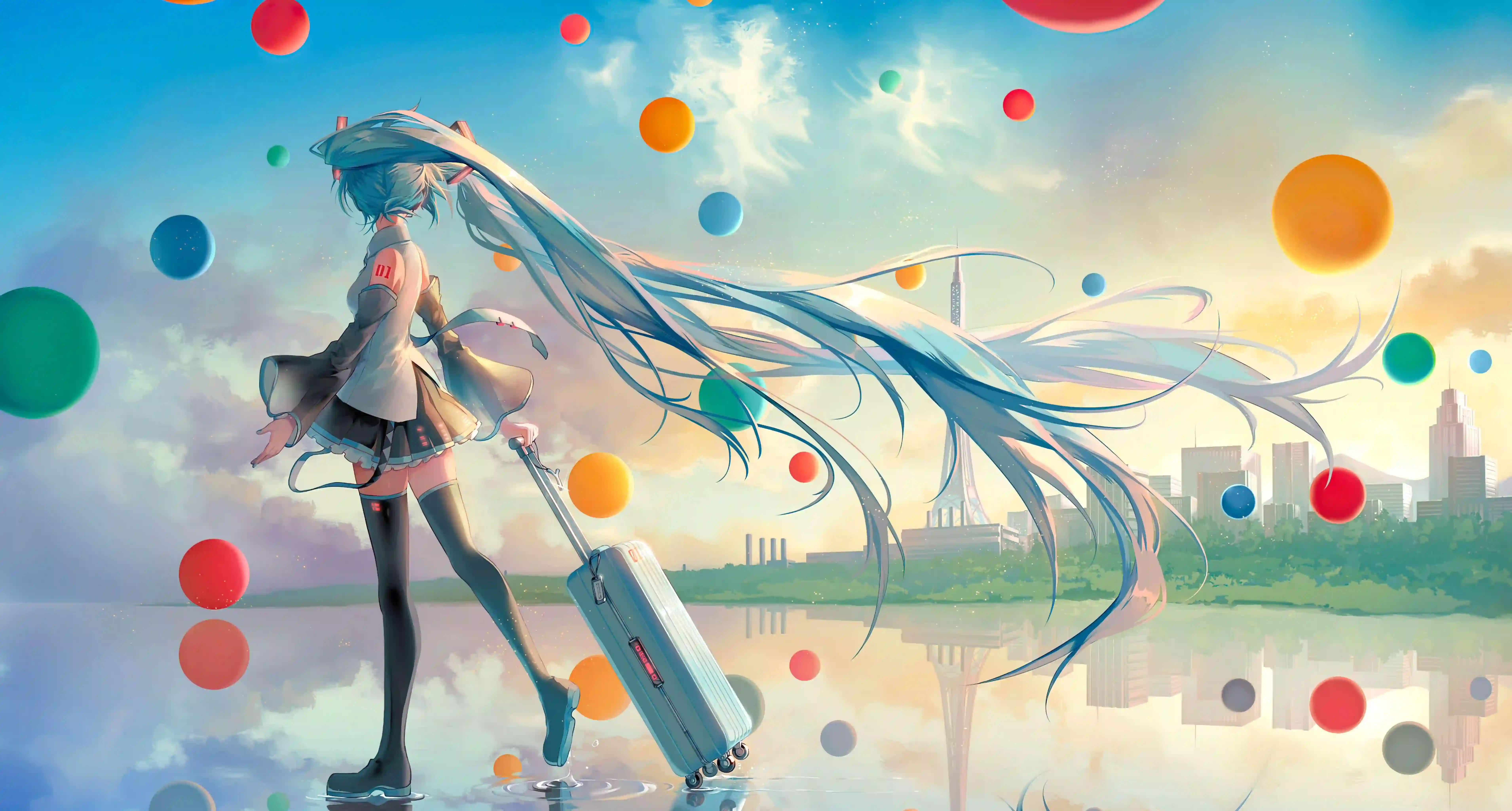 动漫少女 蓝色长发 城市梦幻 行李箱 超现实 初音未来
