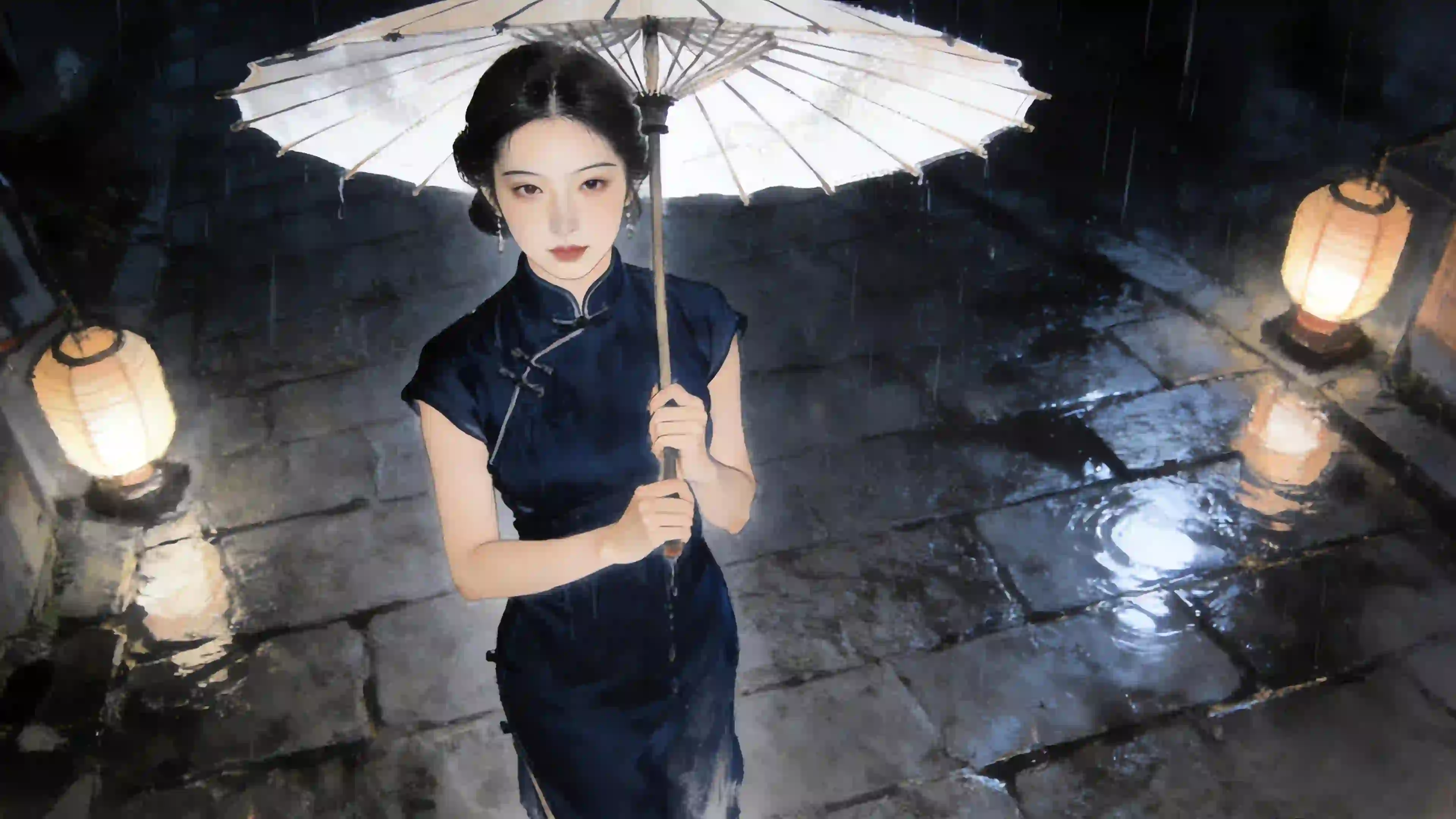 水墨画 晚上 月亮 黑色旗袍美女 雨伞