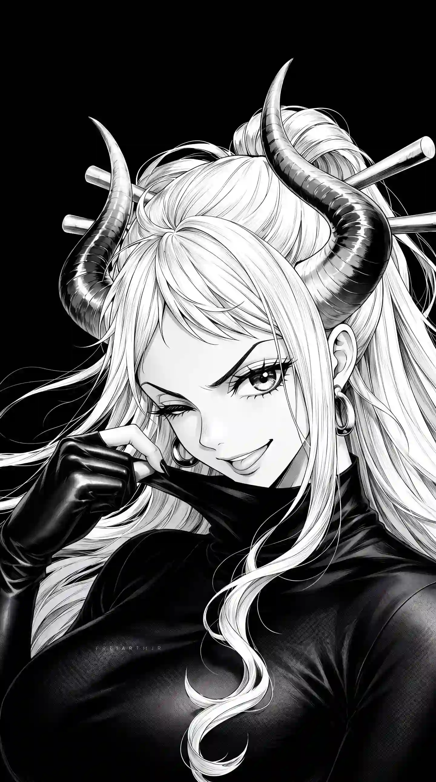 大和 长发美女 恶魔角 海贼王角色 黑白风格