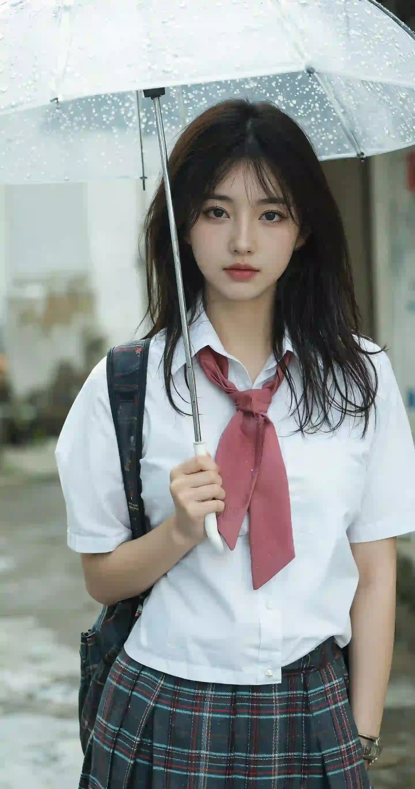 jk穿搭 撑着雨伞的长发美女 户外