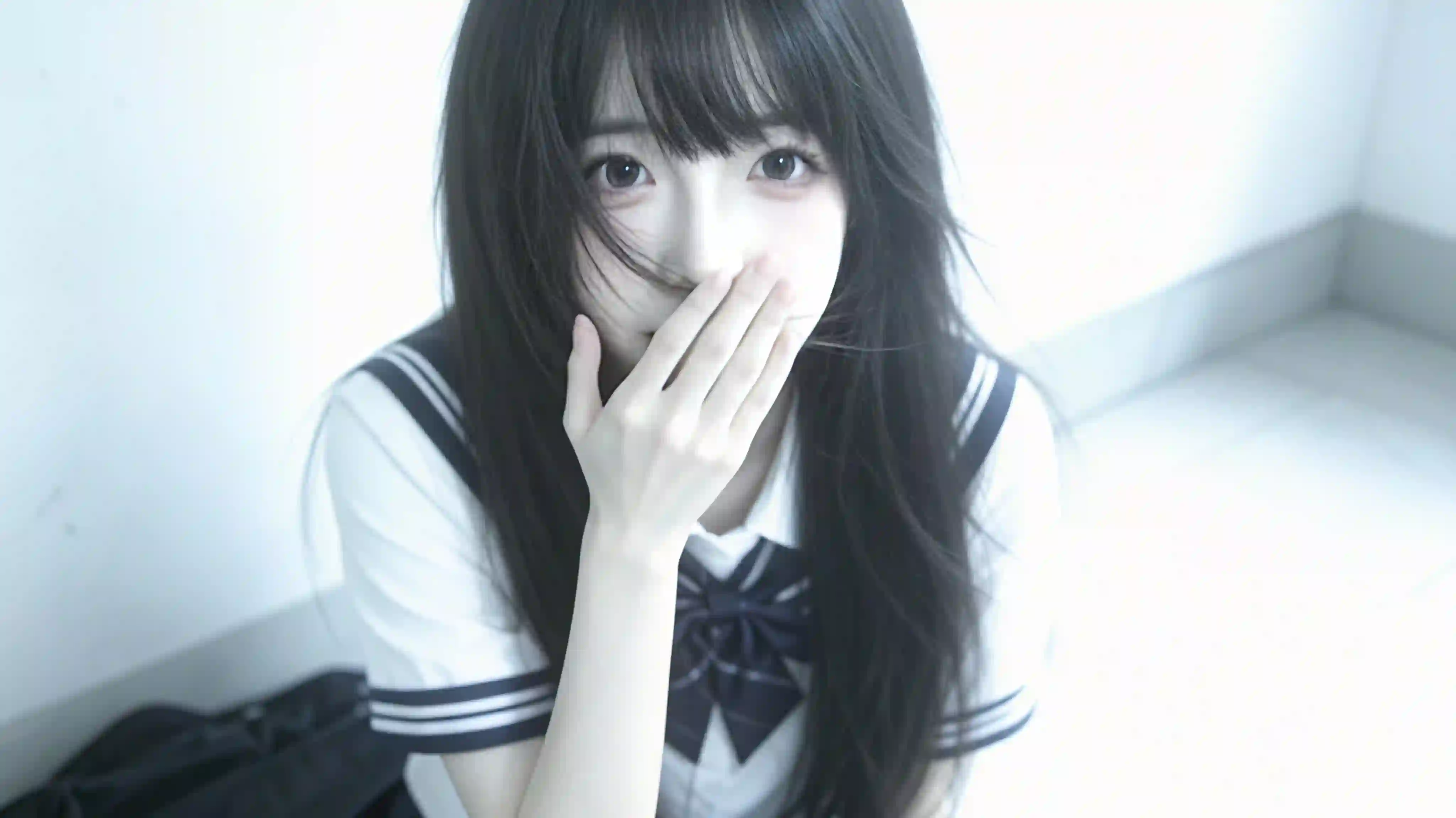 JK制服 少女 捂嘴 低角度 清冷 人像 壁纸