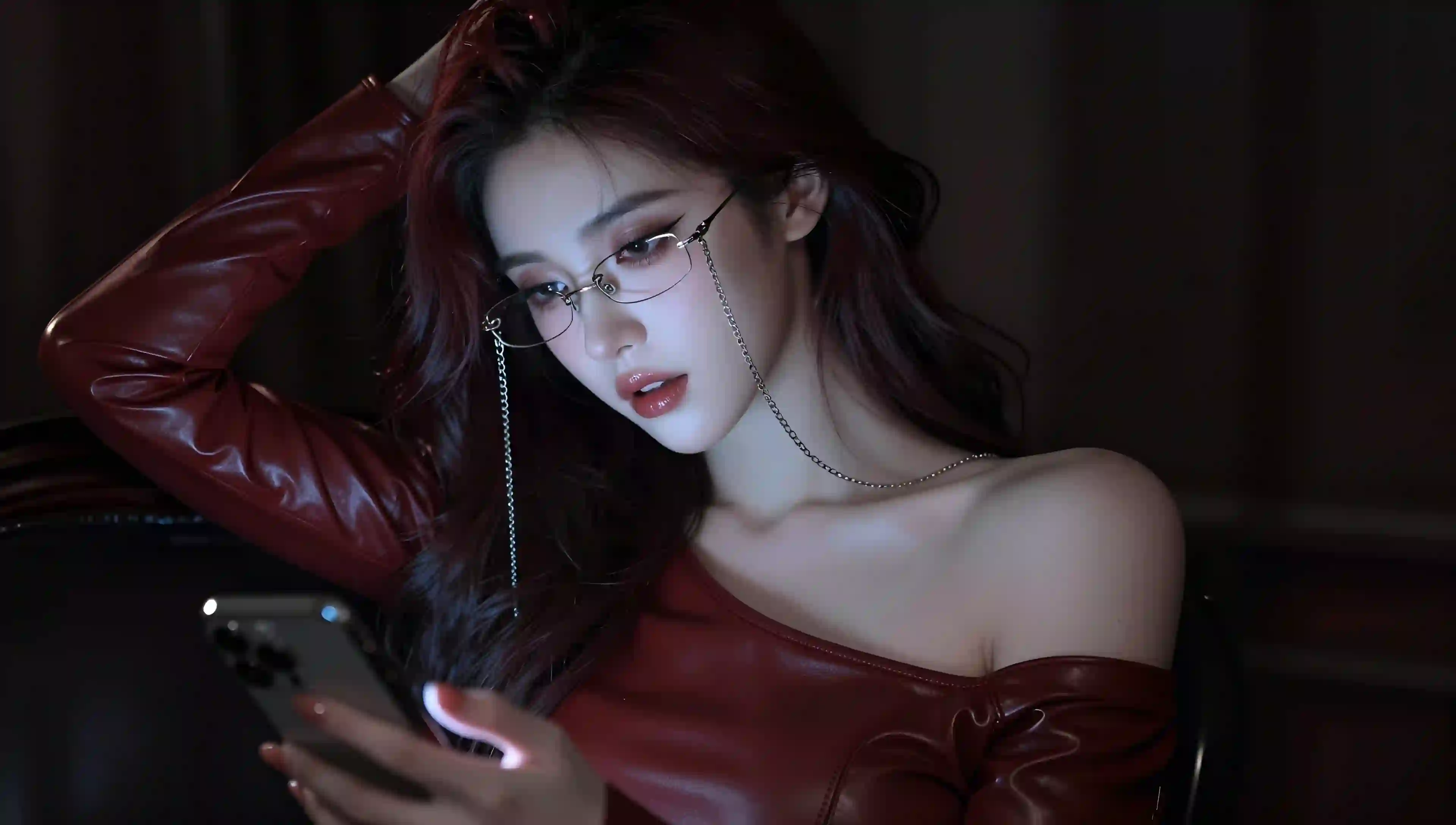 红色 皮衣 女性 眼镜 链条 时尚 暗调 写真