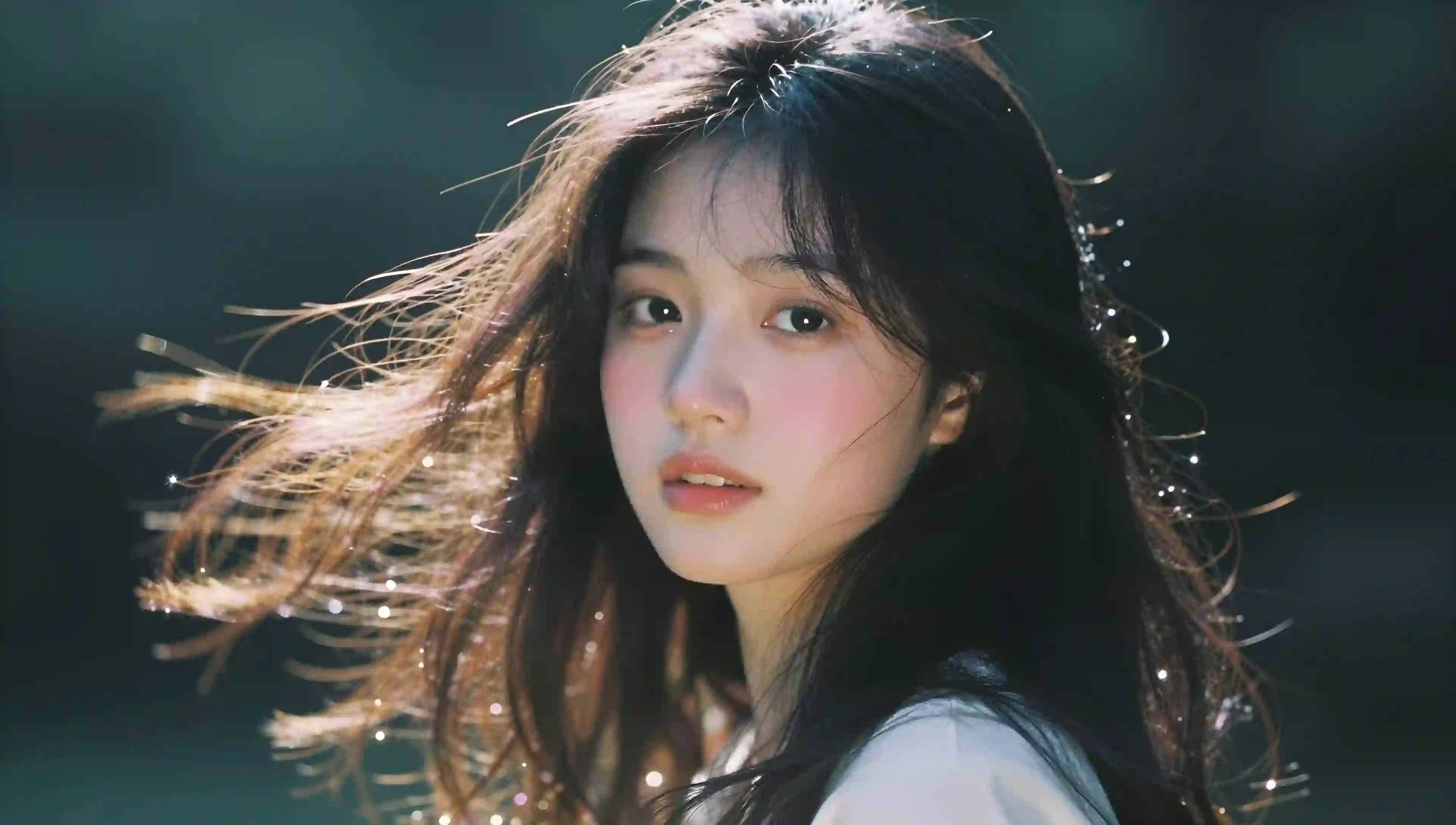 唯美女孩 肖像 头发 风 深色背景 光影