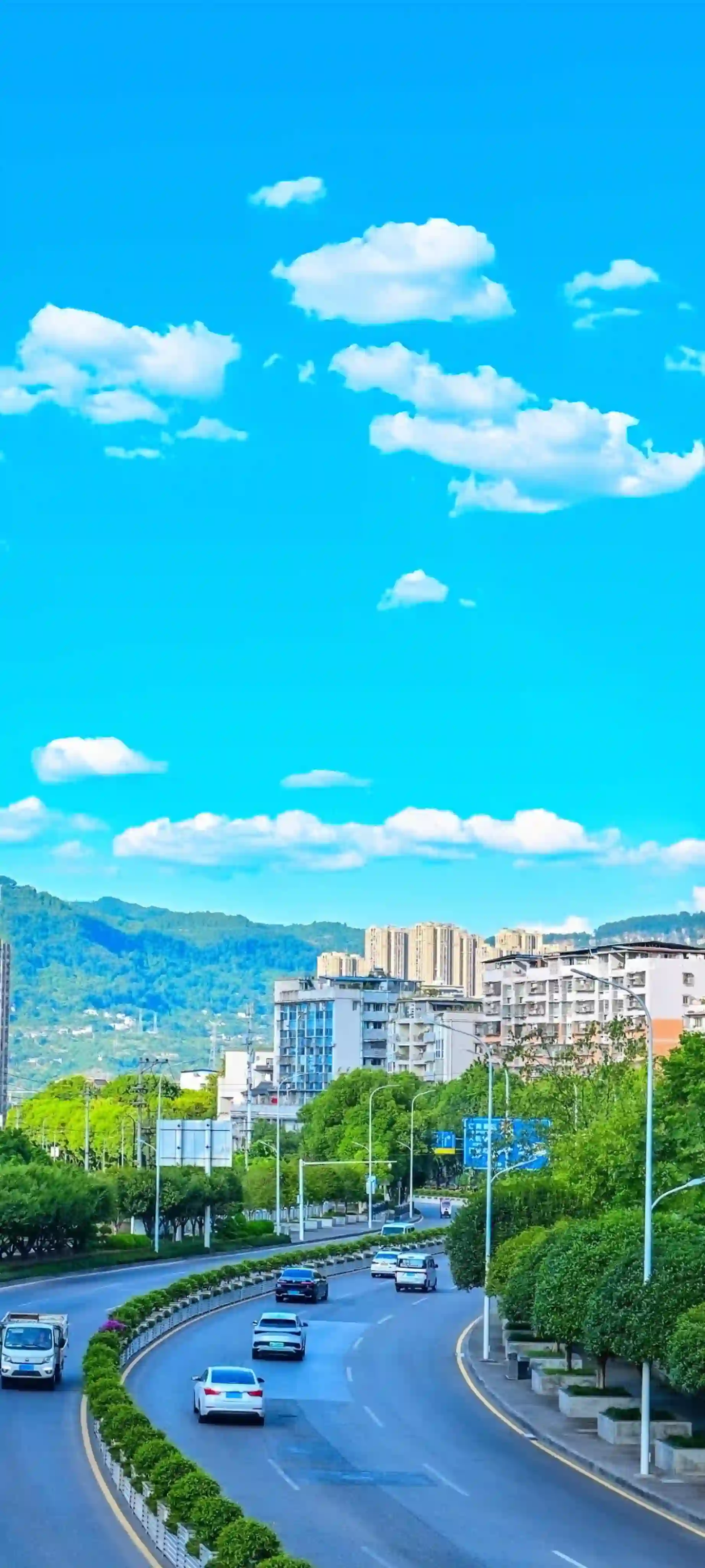 蓝天白云 城市道路 绿树 街景 风景壁纸