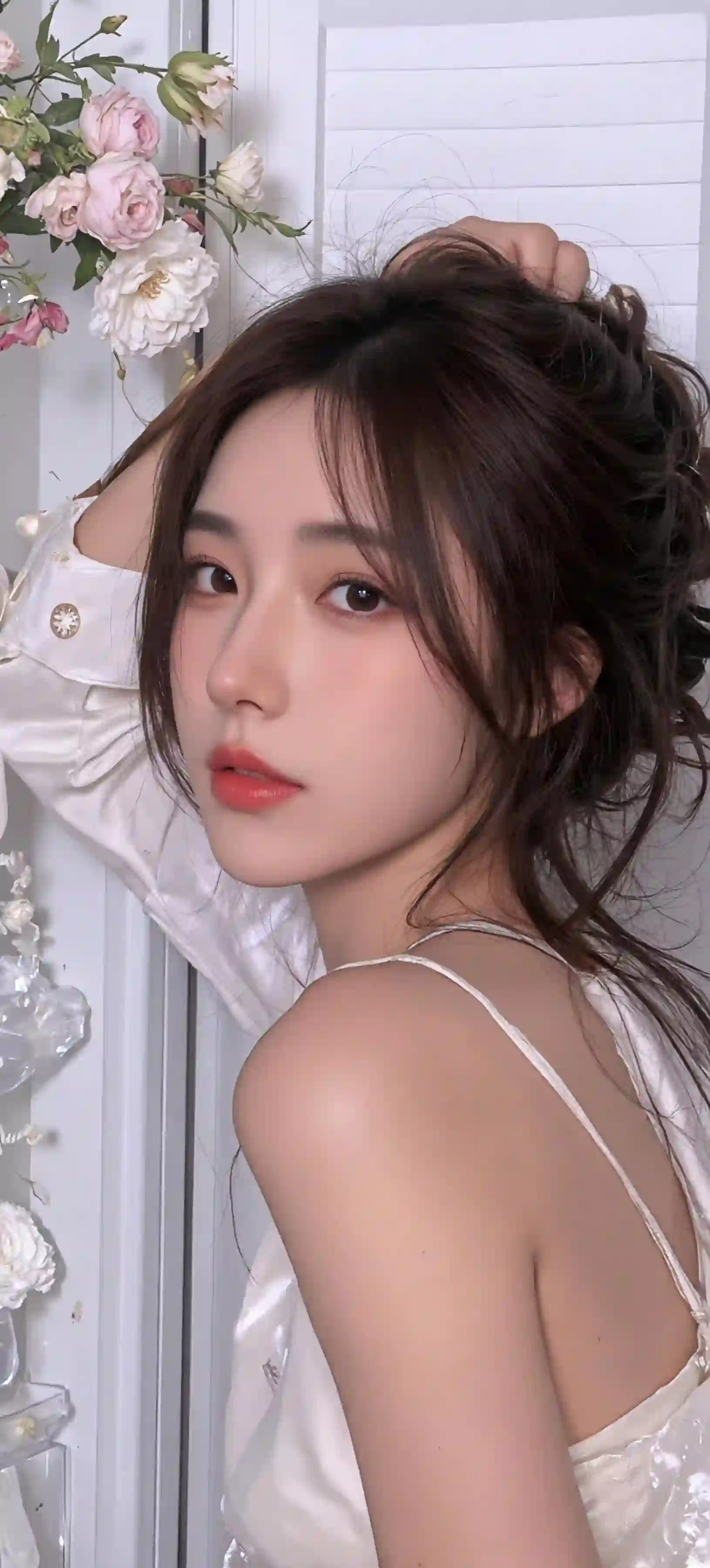 长发美女 白色吊带裙 性感 清纯 