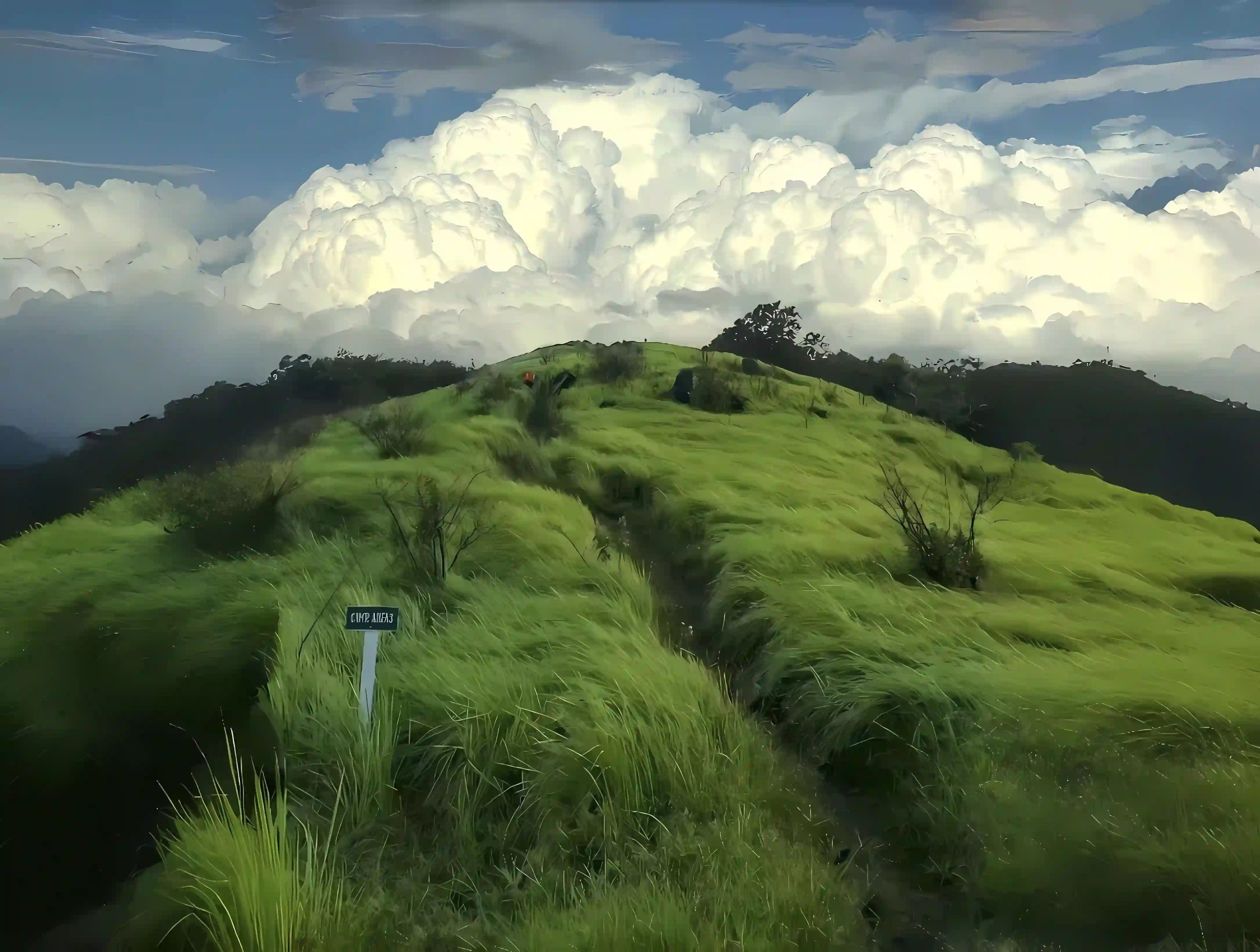 绿色山丘 风云白云 动漫风景 自然画作 数字艺术