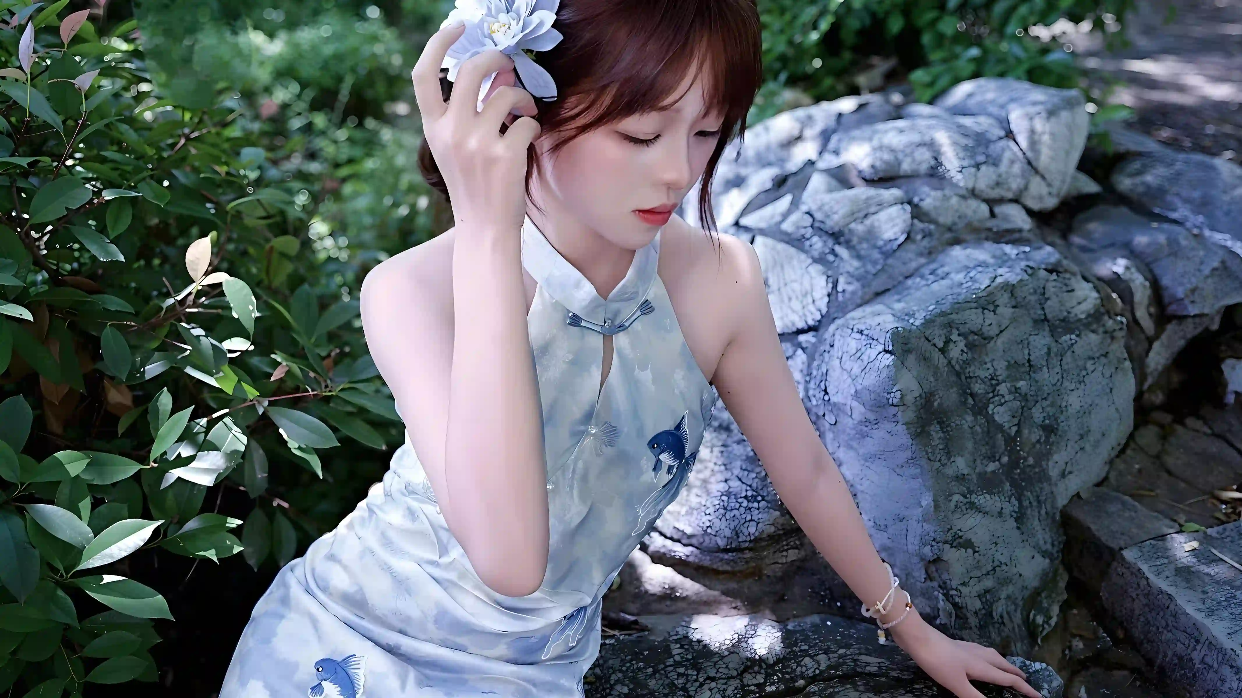蓝色旗袍 旗袍美女 清新自然 气质少女 户外人像