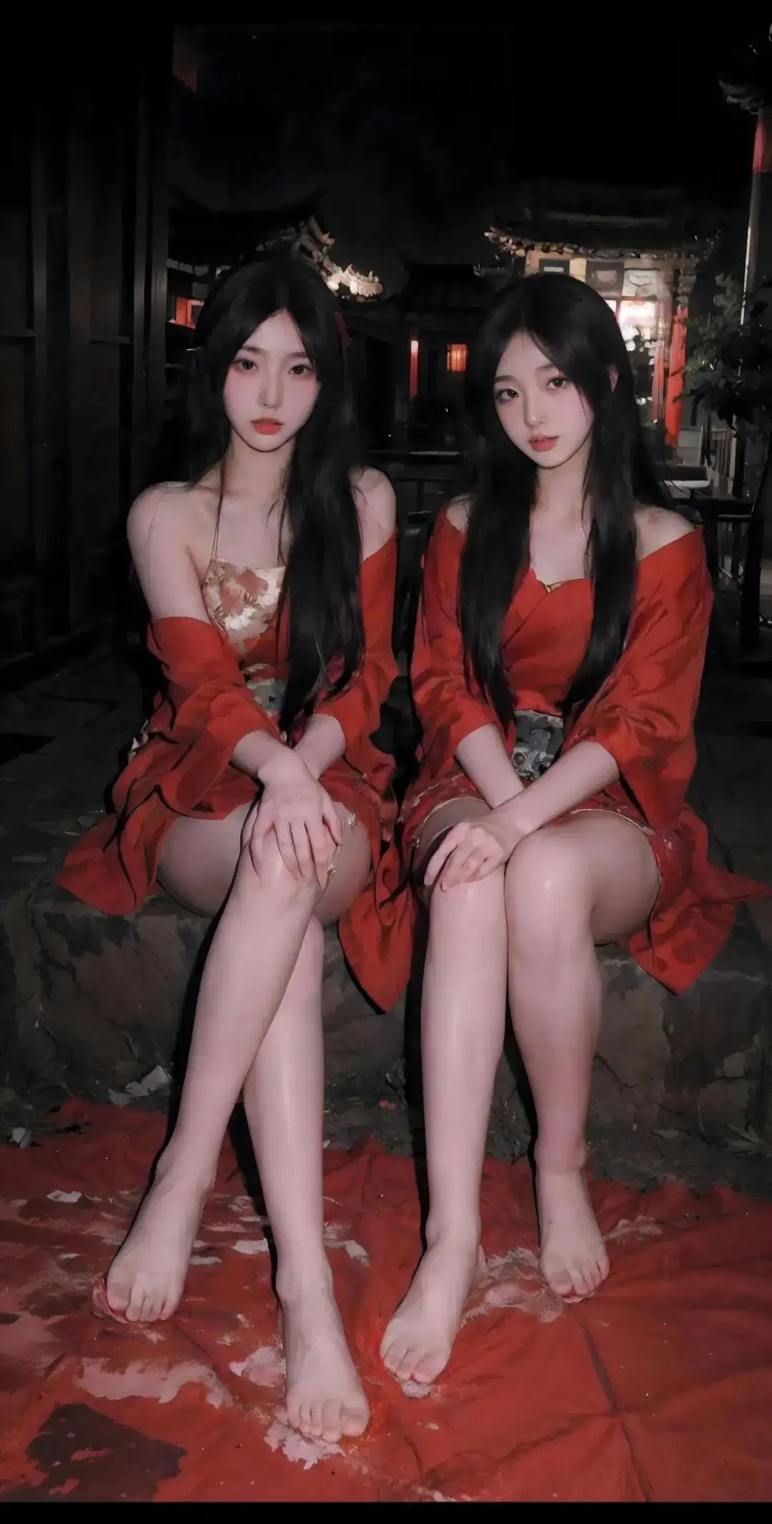 2个长腿 红衣 长发 美女