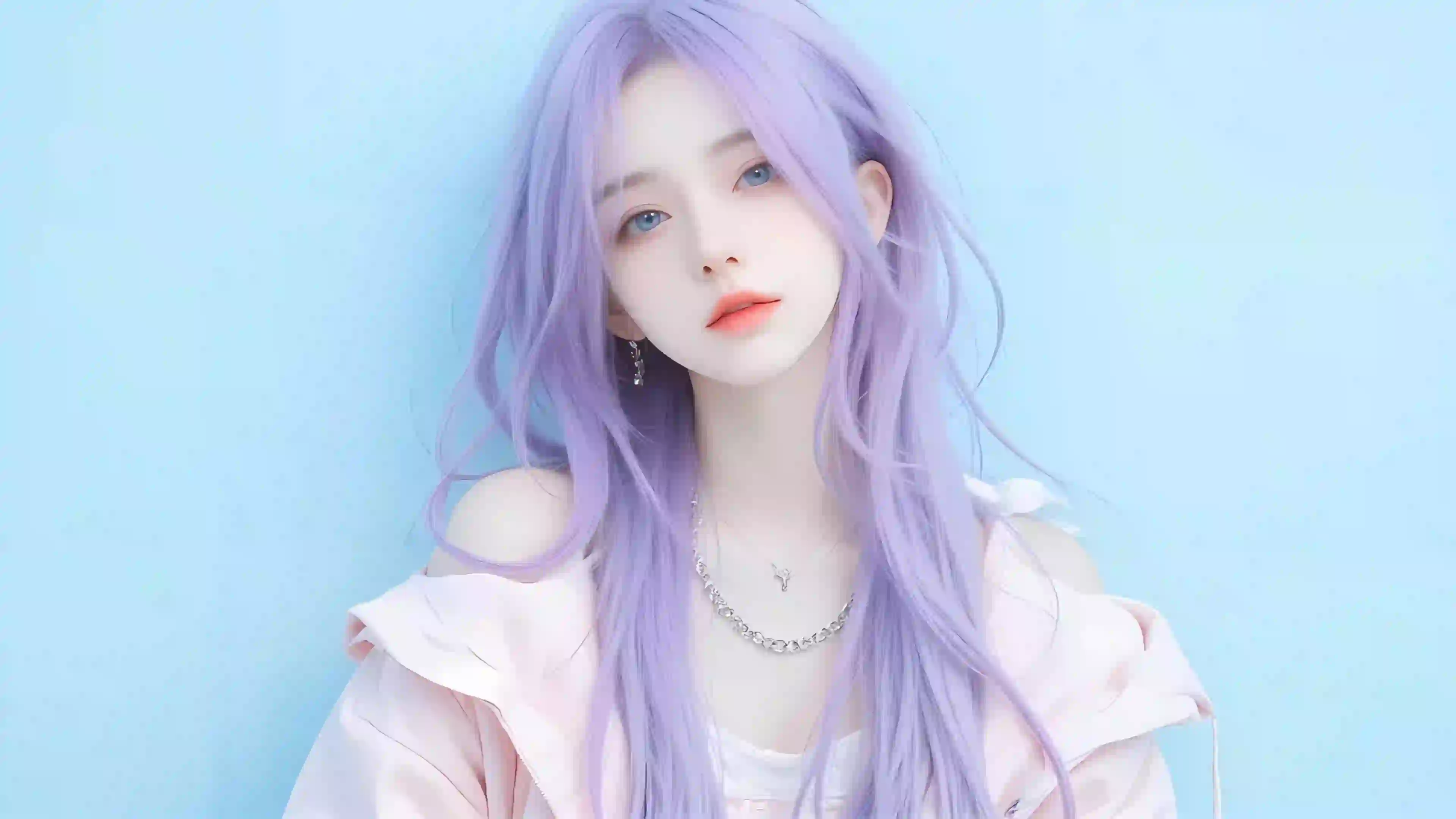 紫色长发女孩 蓝色背景 AI