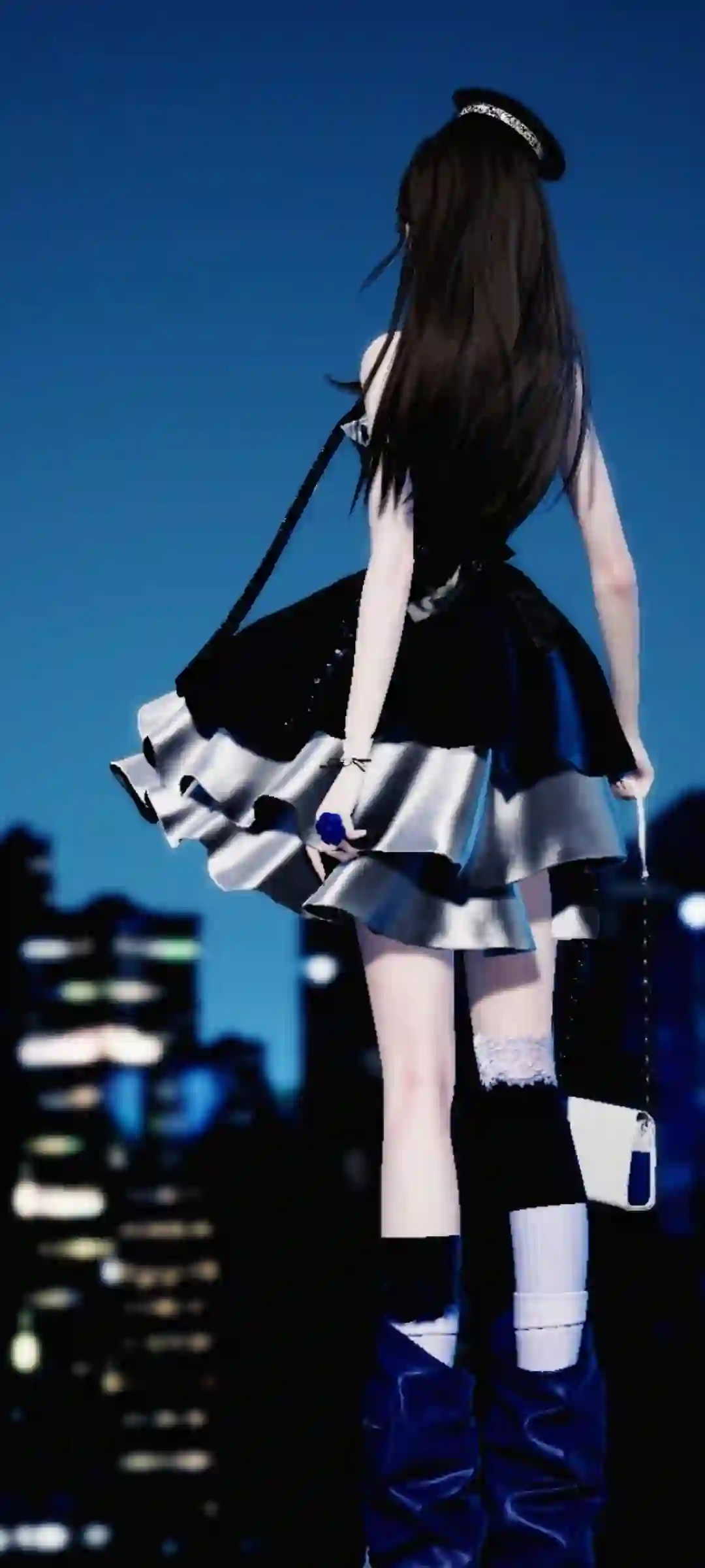 城市夜空 黑裙少女 背影 时尚 3D 壁纸