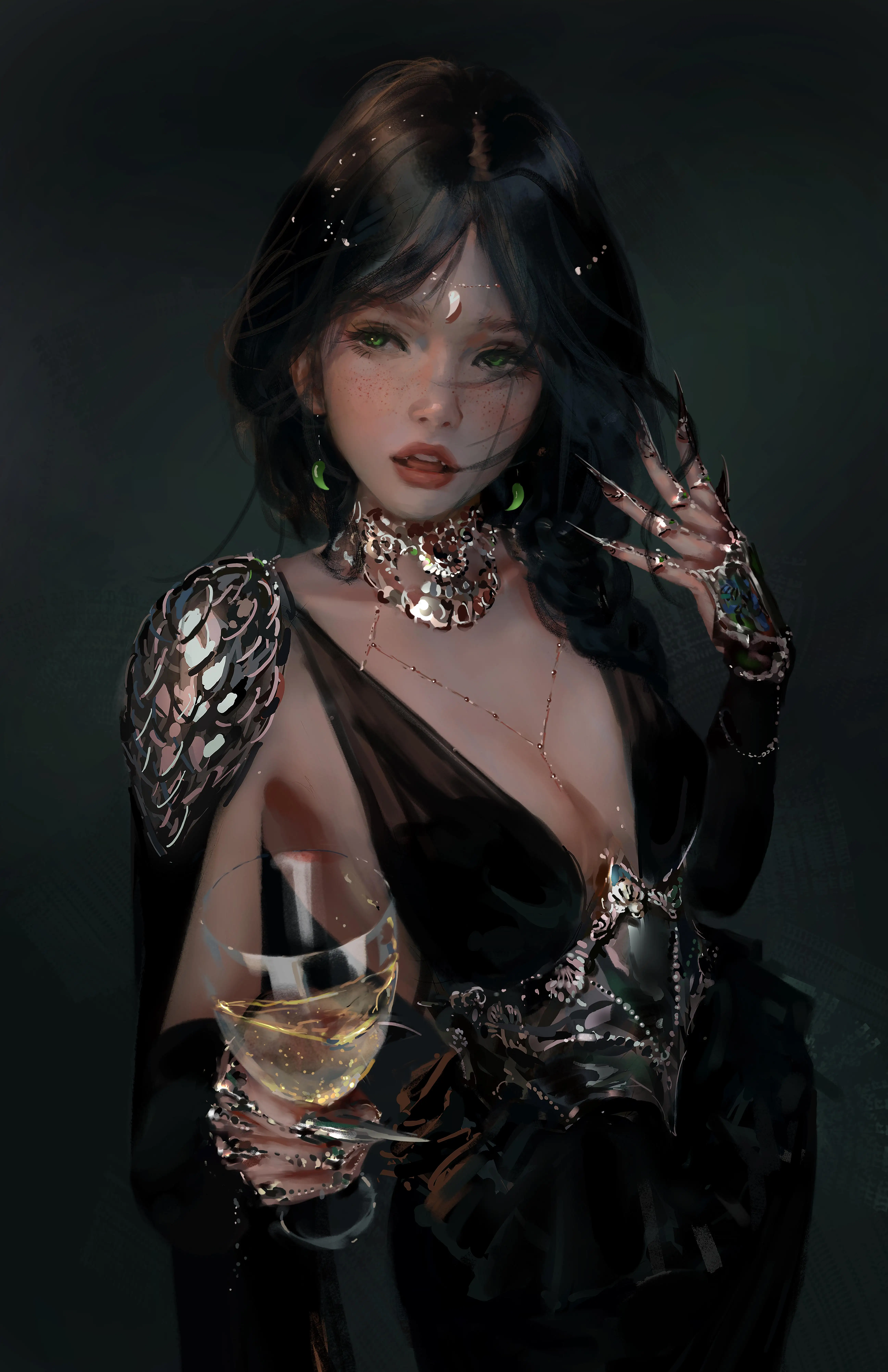 长发美女公主｜风铃公主｜拿着酒杯｜wlop