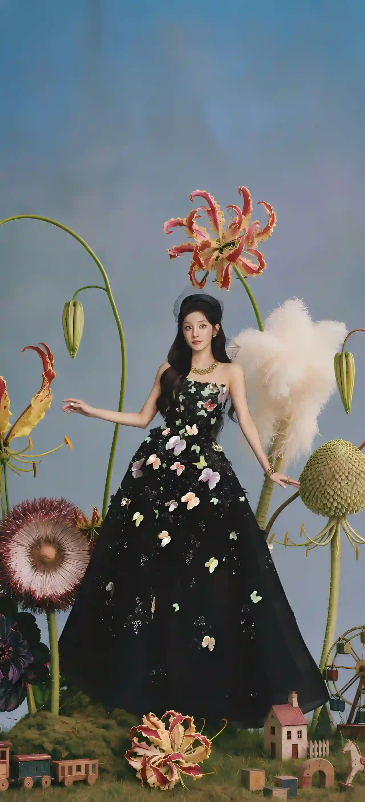 黑色花裙女孩 巨型花朵 梦幻花园 童话 奇幻场景 宋雨琦