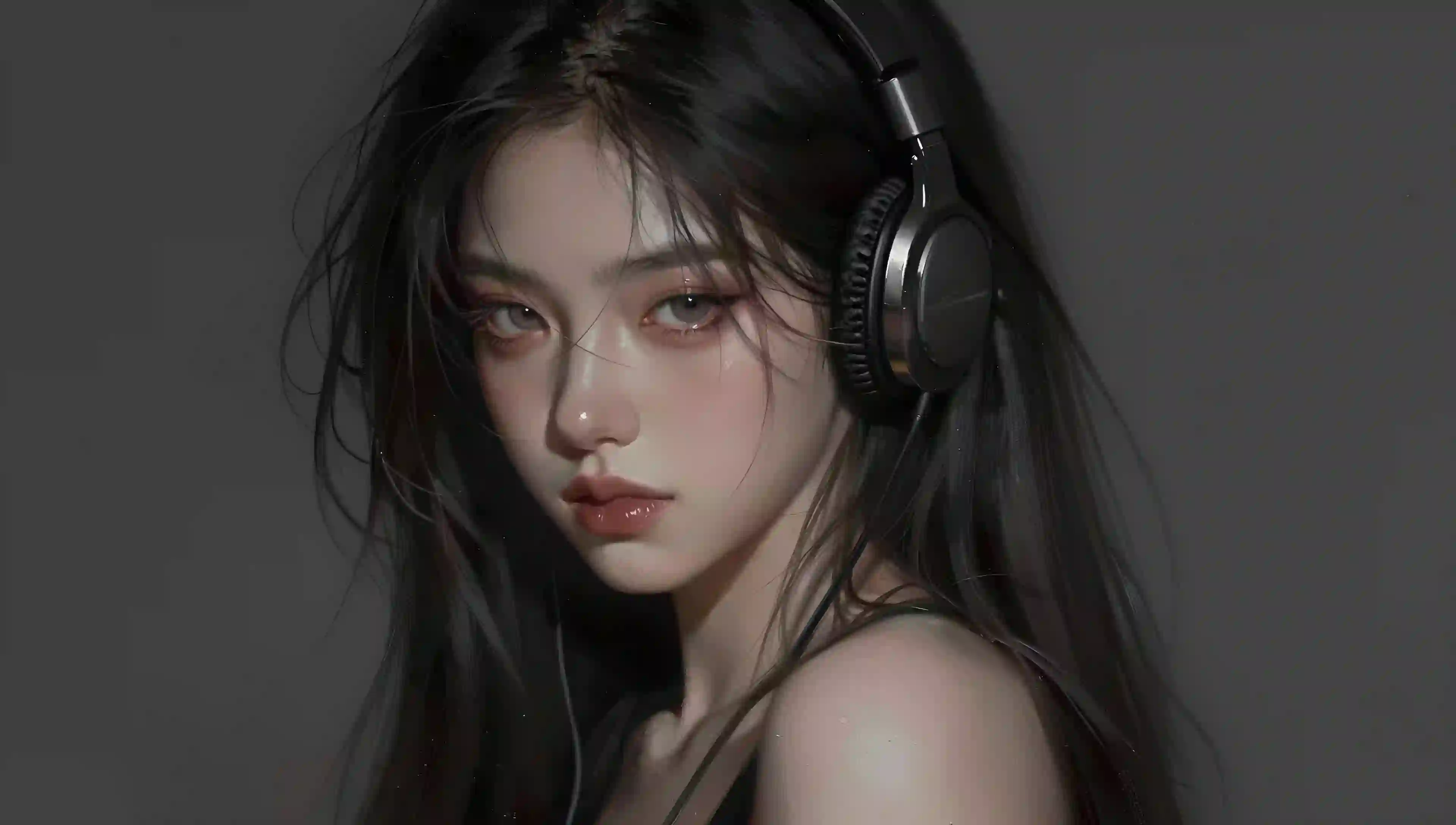 戴耳机 黑发 动漫 少女 肖像 沉思 暗调 壁纸