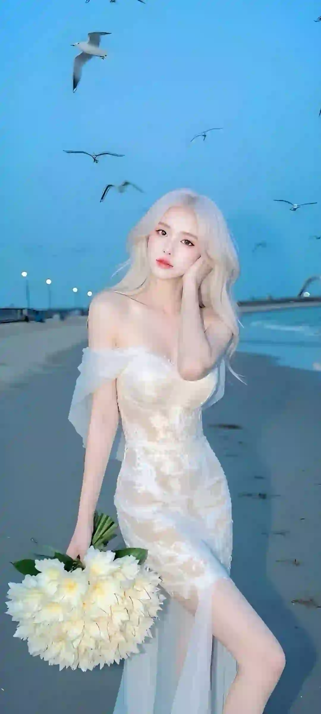 手拿鲜花的长发女孩 性感美女 长腿美女