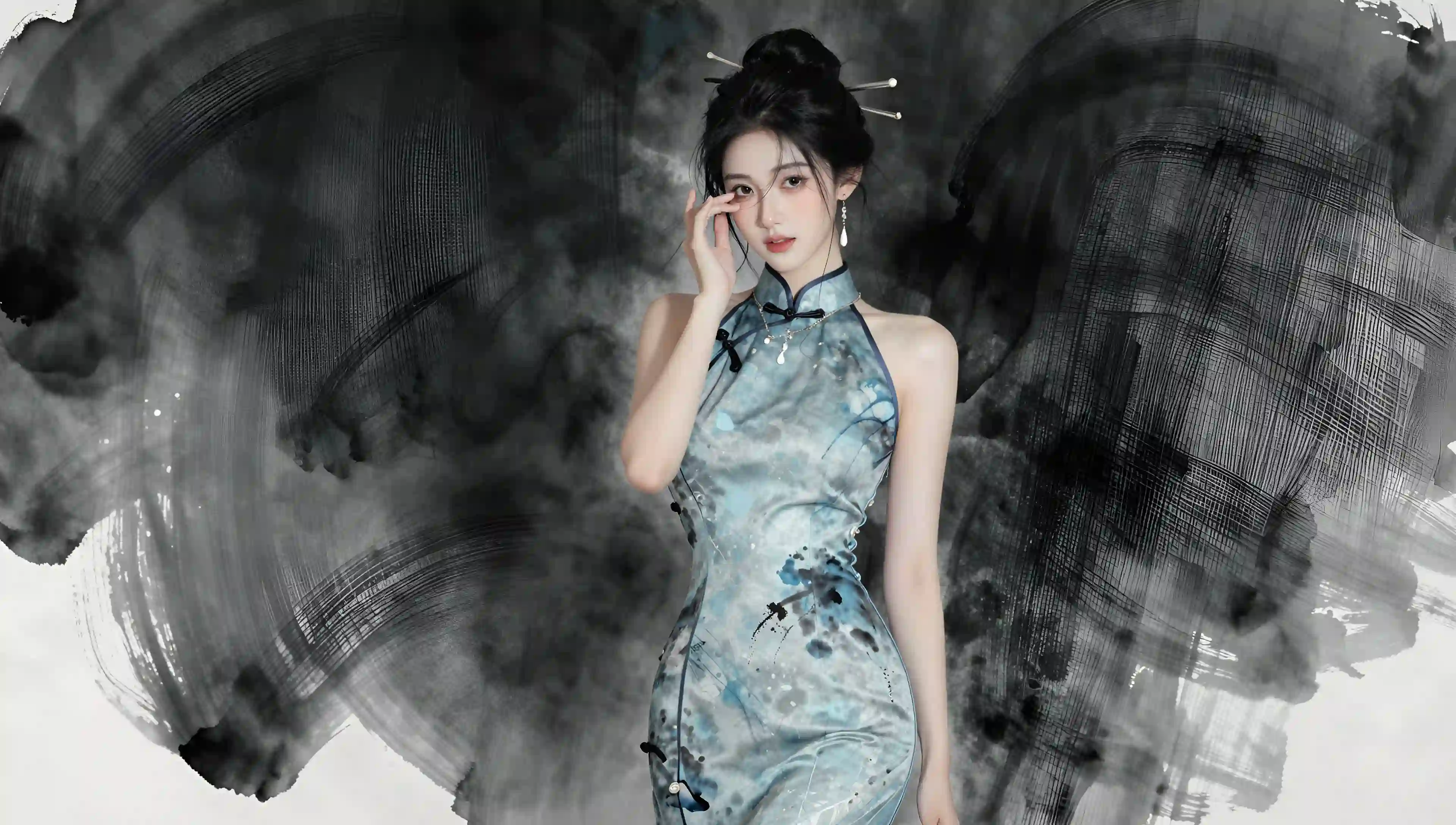 长发美女 旗袍 墨水 水墨 优雅