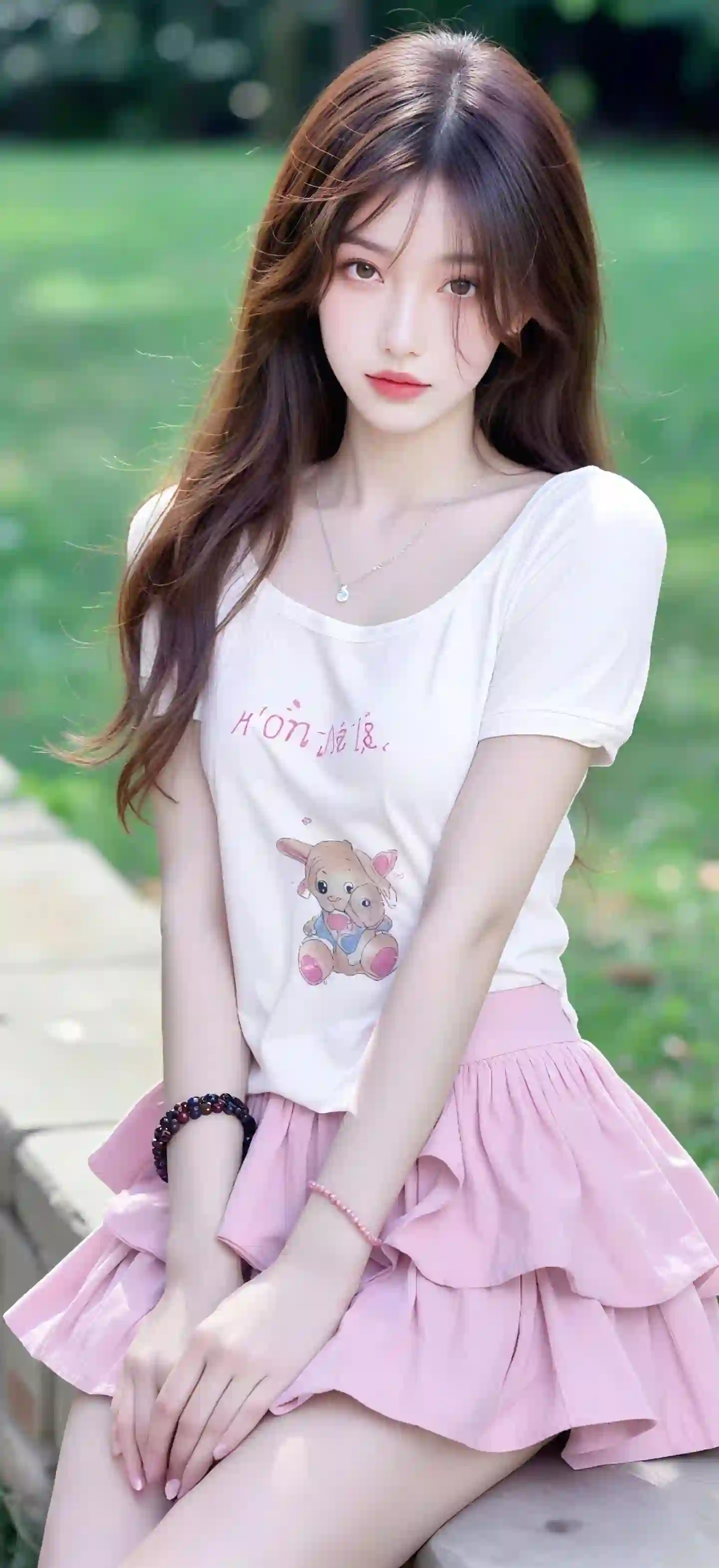 粉红色短裙 白色衣服 户外 长发美女 项链