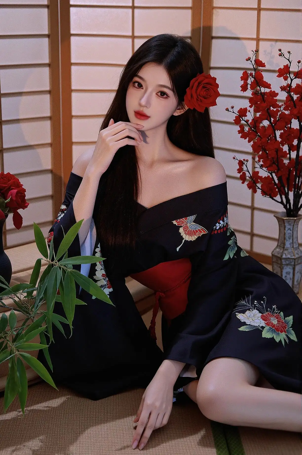 长发 露肩 姿势抚媚 和服 长腿
