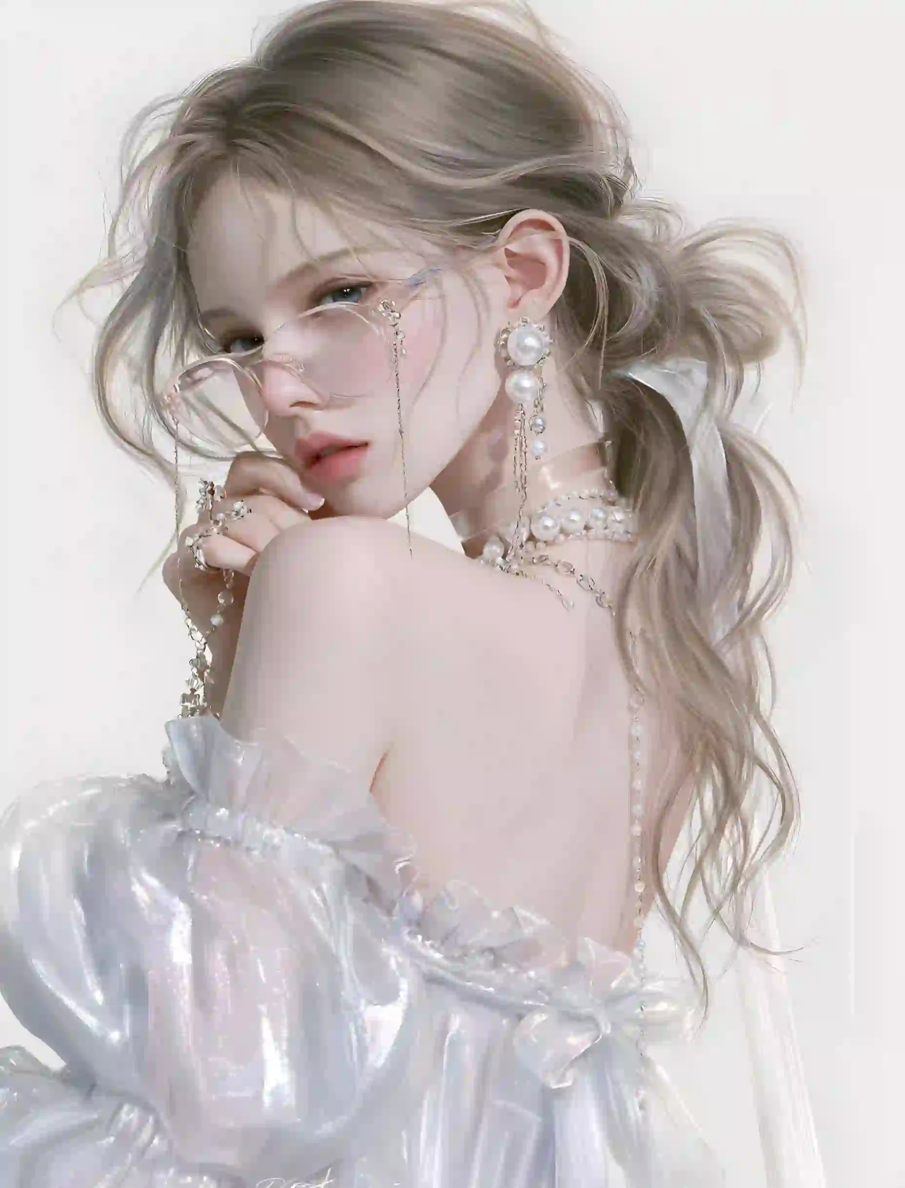 美女 长发美女 漏背穿搭 透明衣服 长发