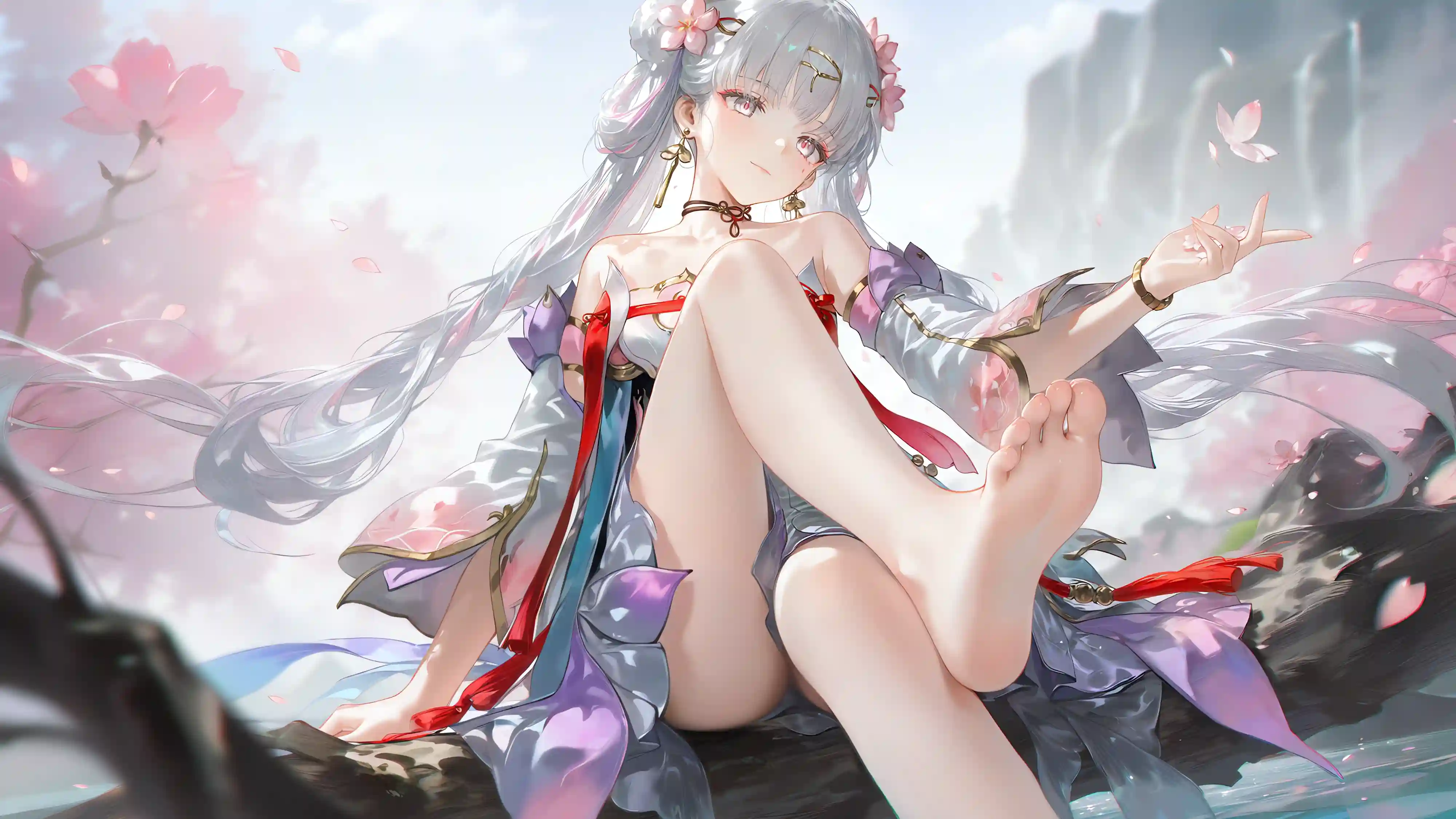 动漫 二次元女孩 长腿 白发 花